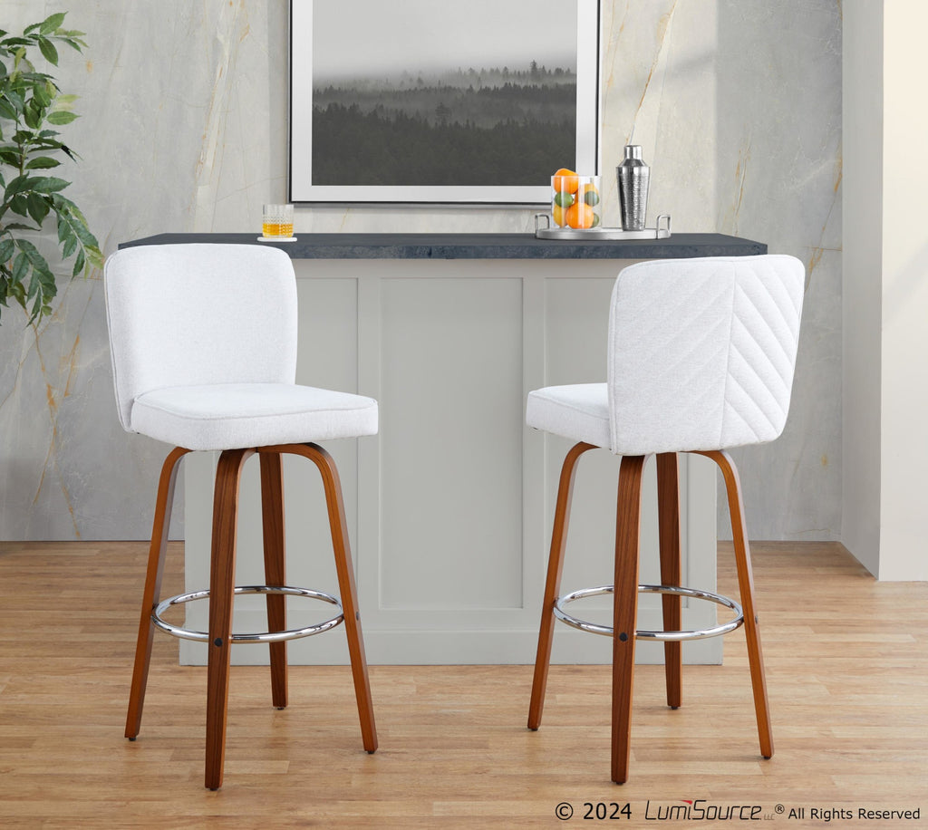 Henry 30" Fixed-Height Barstool - Set of 2 - Walnut Wood, White Fabric, Chrome Metal