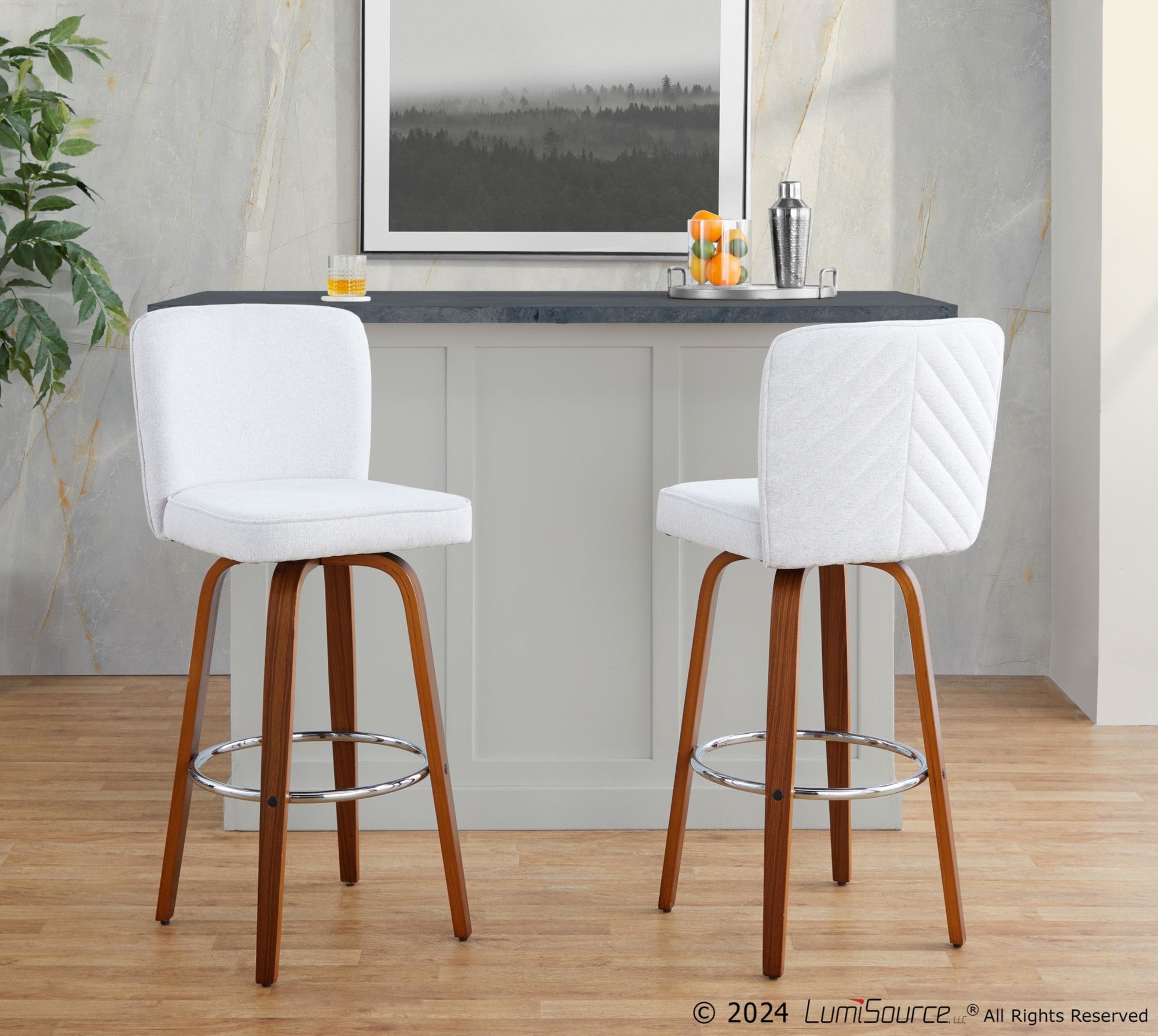 Henry 30" Fixed-Height Barstool - Set of 2 - Walnut Wood, White Fabric, Chrome Metal