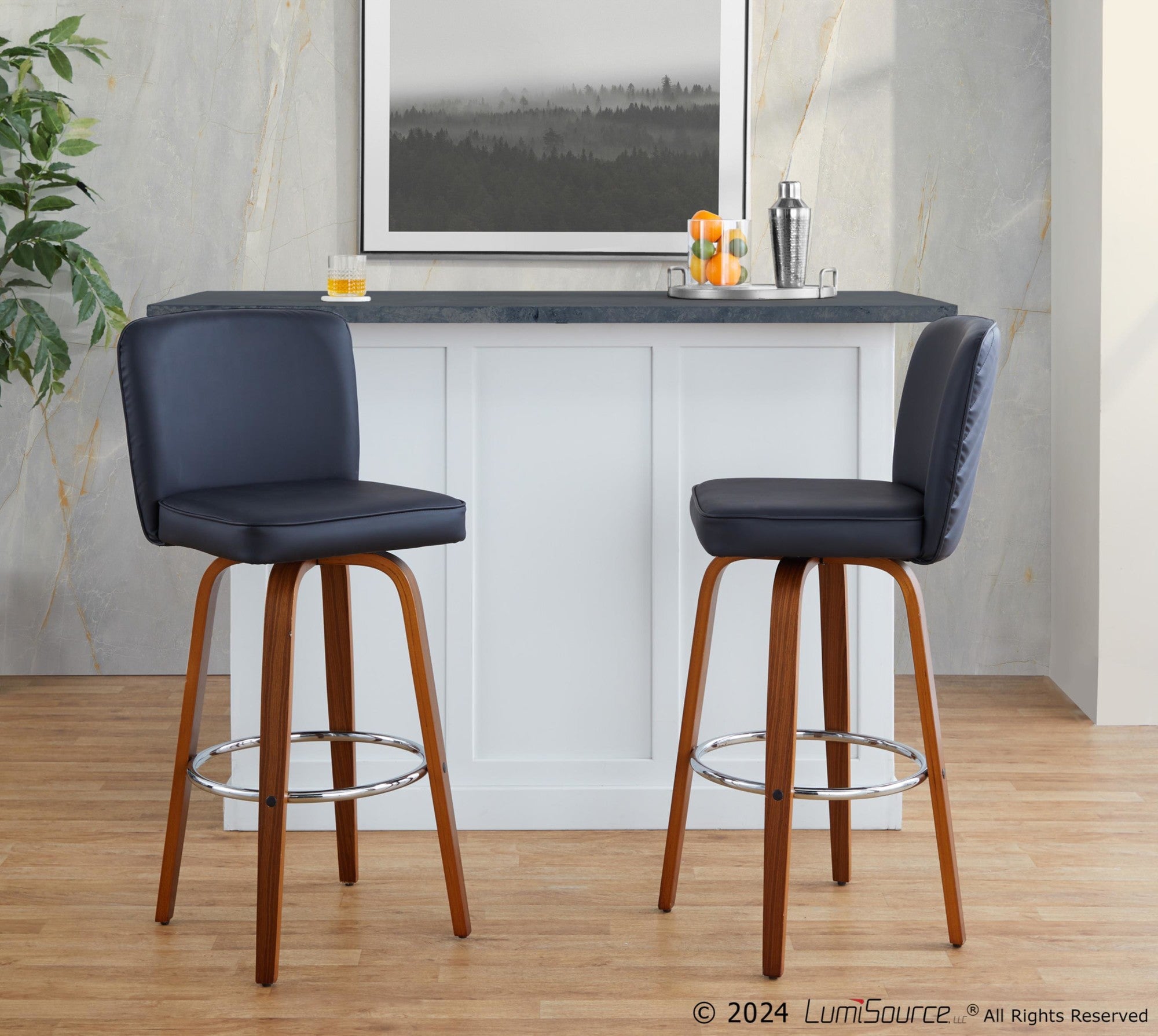 Henry 30" Fixed-Height Barstool - Set of 2 - Walnut Wood, Black PU, Chrome Metal