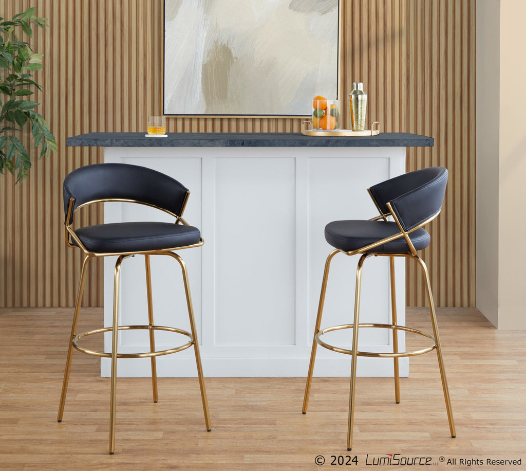 Jie 30" Fixed-Height Barstool - Set of 2 - Gold Metal, Gold Metal, Black PU
