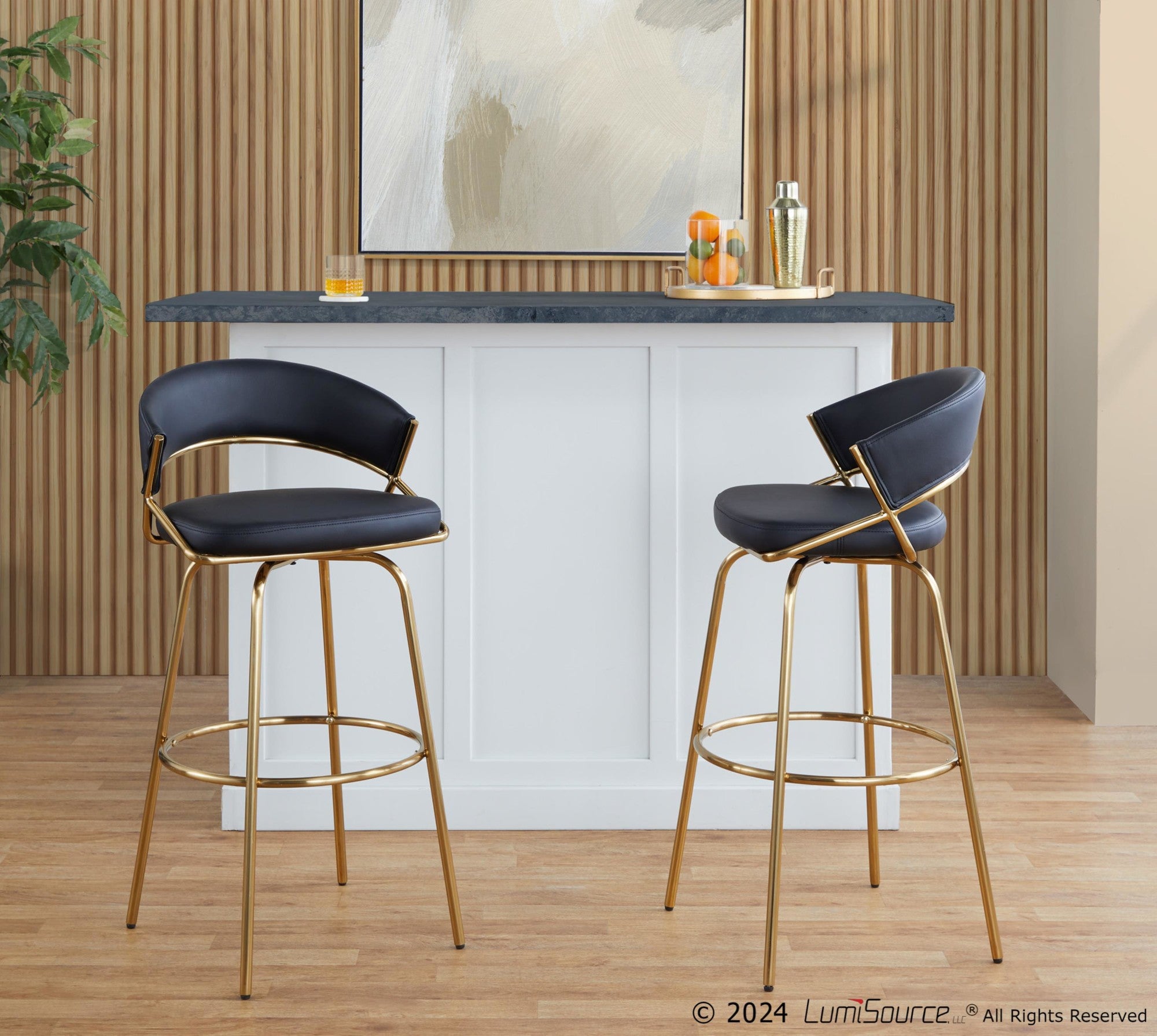 Jie 30" Fixed-Height Barstool - Set of 2 - Gold Metal, Gold Metal, Black PU