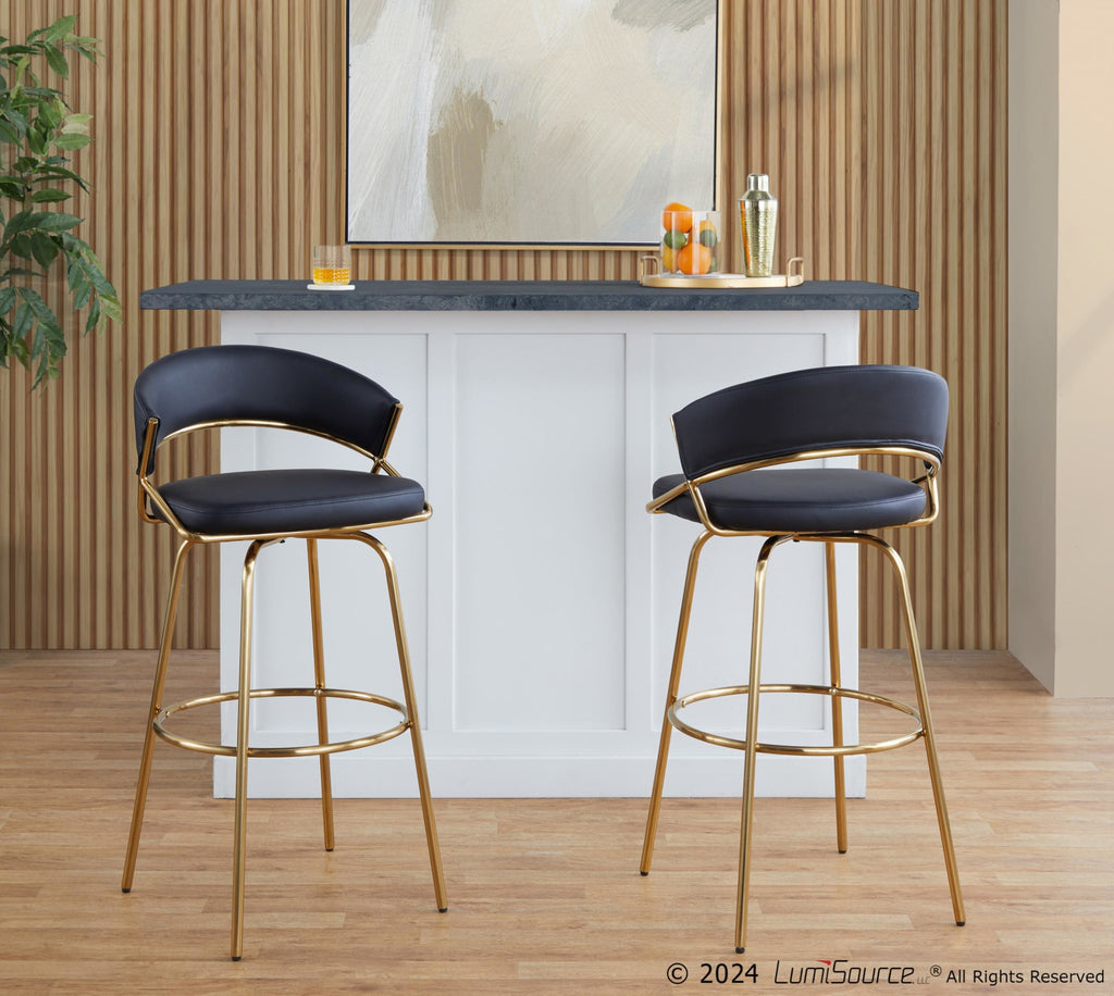 Jie 30" Fixed-Height Barstool - Set of 2 - Gold Metal, Gold Metal, Black PU