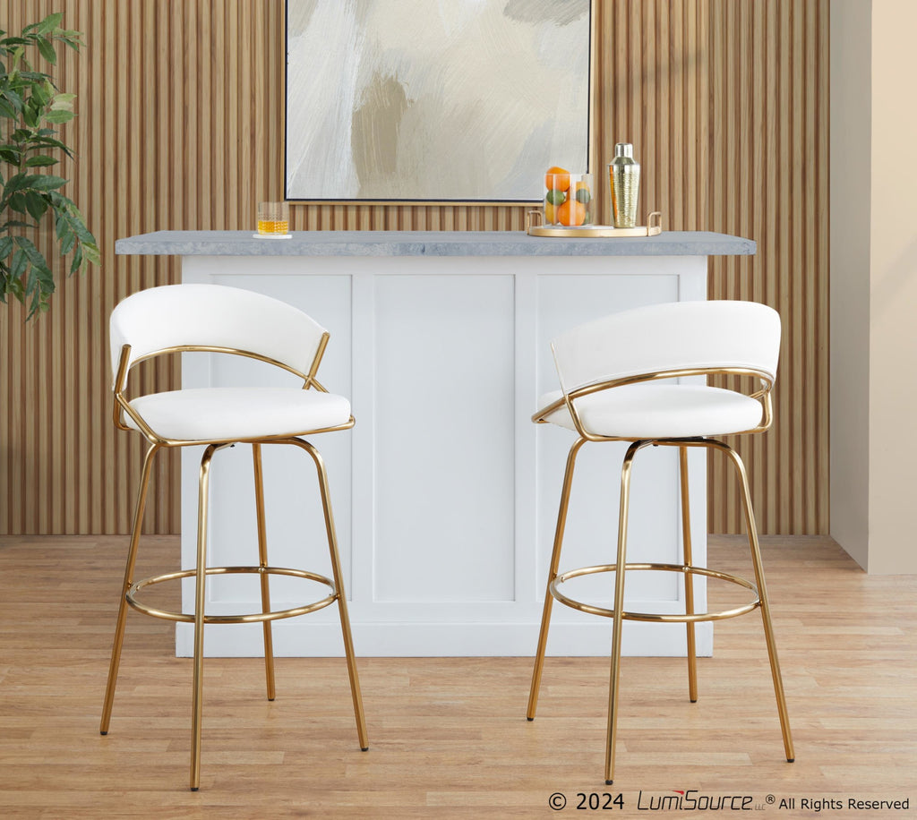 Jie 30" Fixed-Height Barstool - Set of 2 - Gold Metal, Gold Metal, White PU