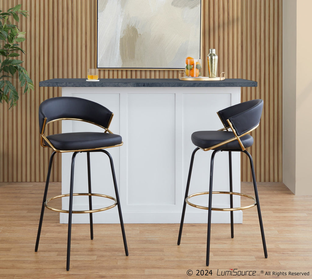 Jie 30" Fixed-Height Barstool - Set of 2 - Black Metal, Gold Metal, Black PU