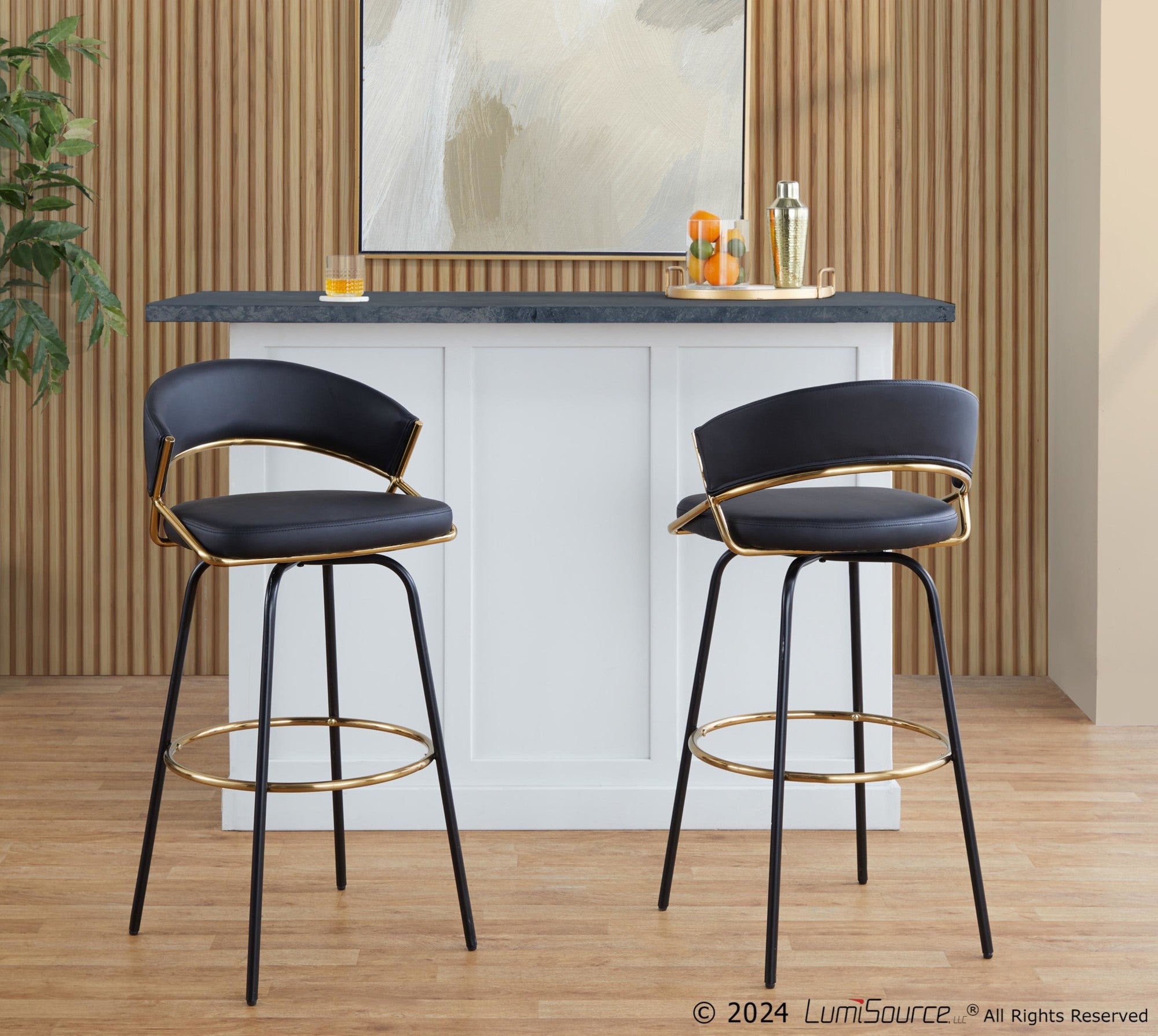 Jie 30" Fixed-Height Barstool - Set of 2 - Black Metal, Gold Metal, Black PU