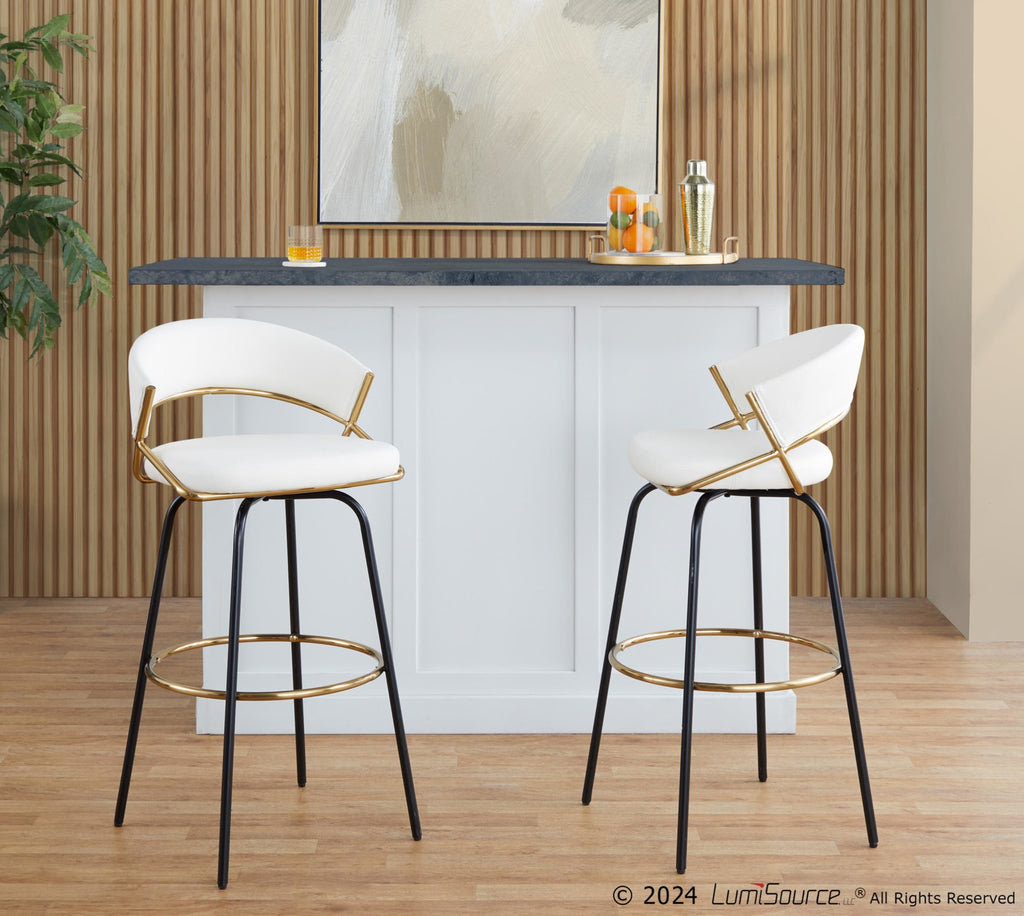 Jie 30" Fixed-Height Barstool - Set of 2 - Black Metal, Gold Metal, White PU