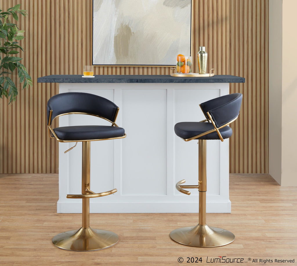 Jie Adjustable Barstool - Set of 2 - Gold Metal, Black PU