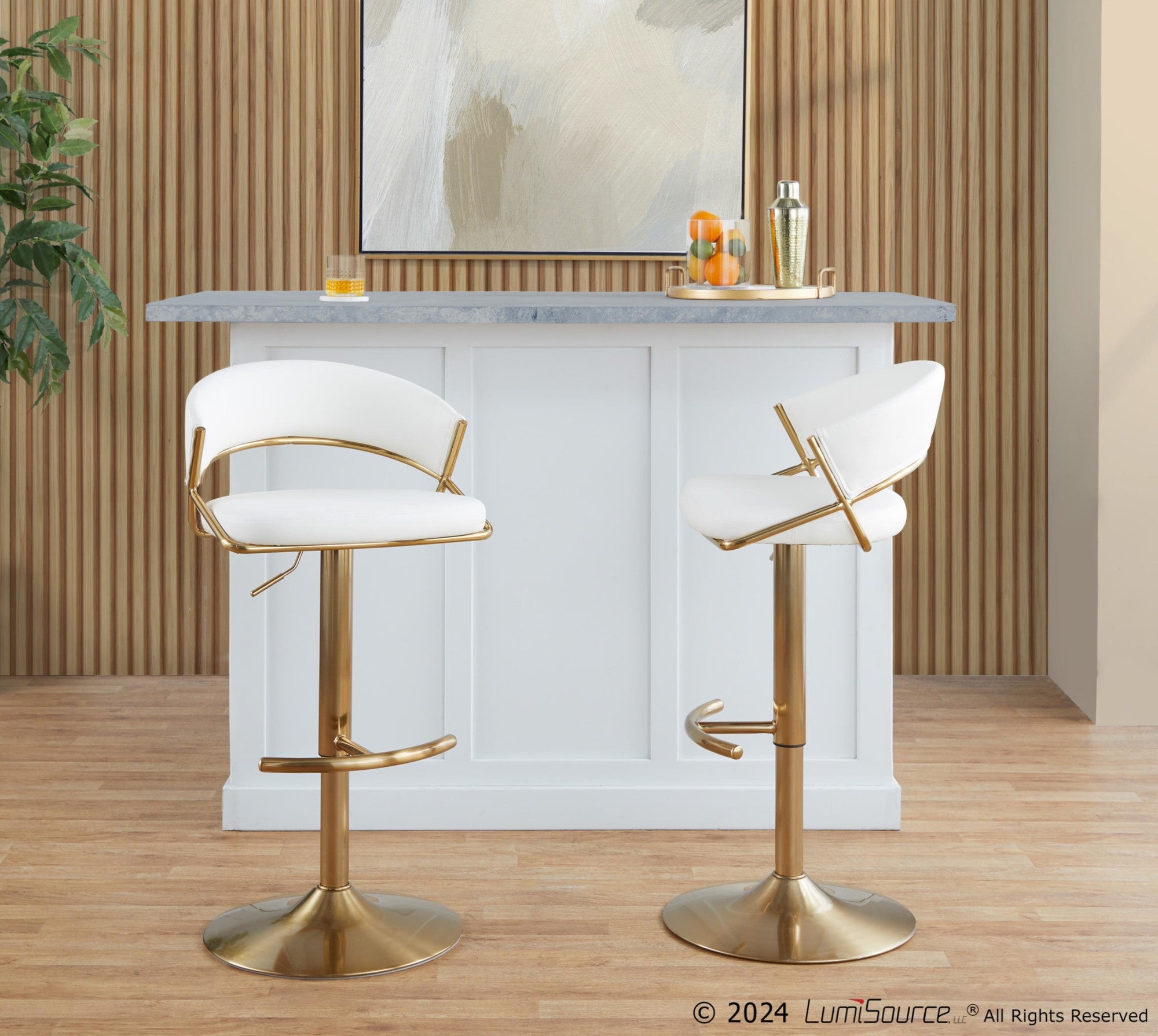 Jie Adjustable Barstool - Set of 2 - Gold Metal, White PU