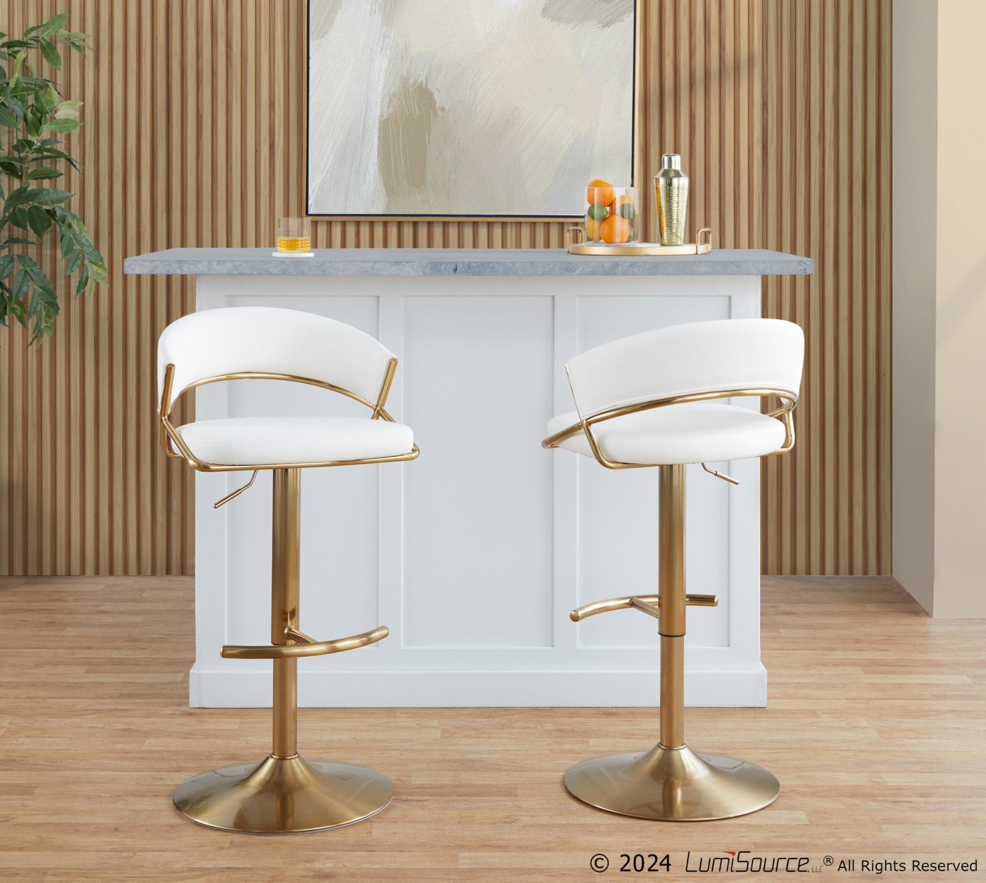 Jie Adjustable Barstool - Set of 2 - Gold Metal, White PU