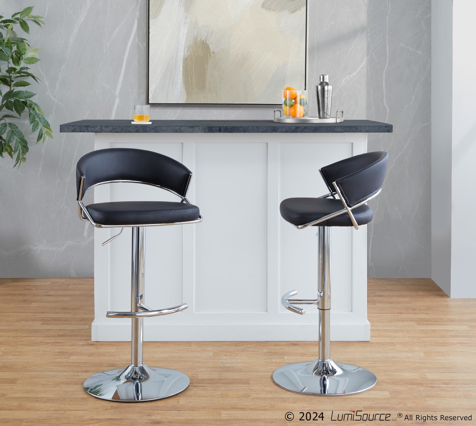 Jie Adjustable Barstool - Set of 2 - Chrome Metal, Black PU