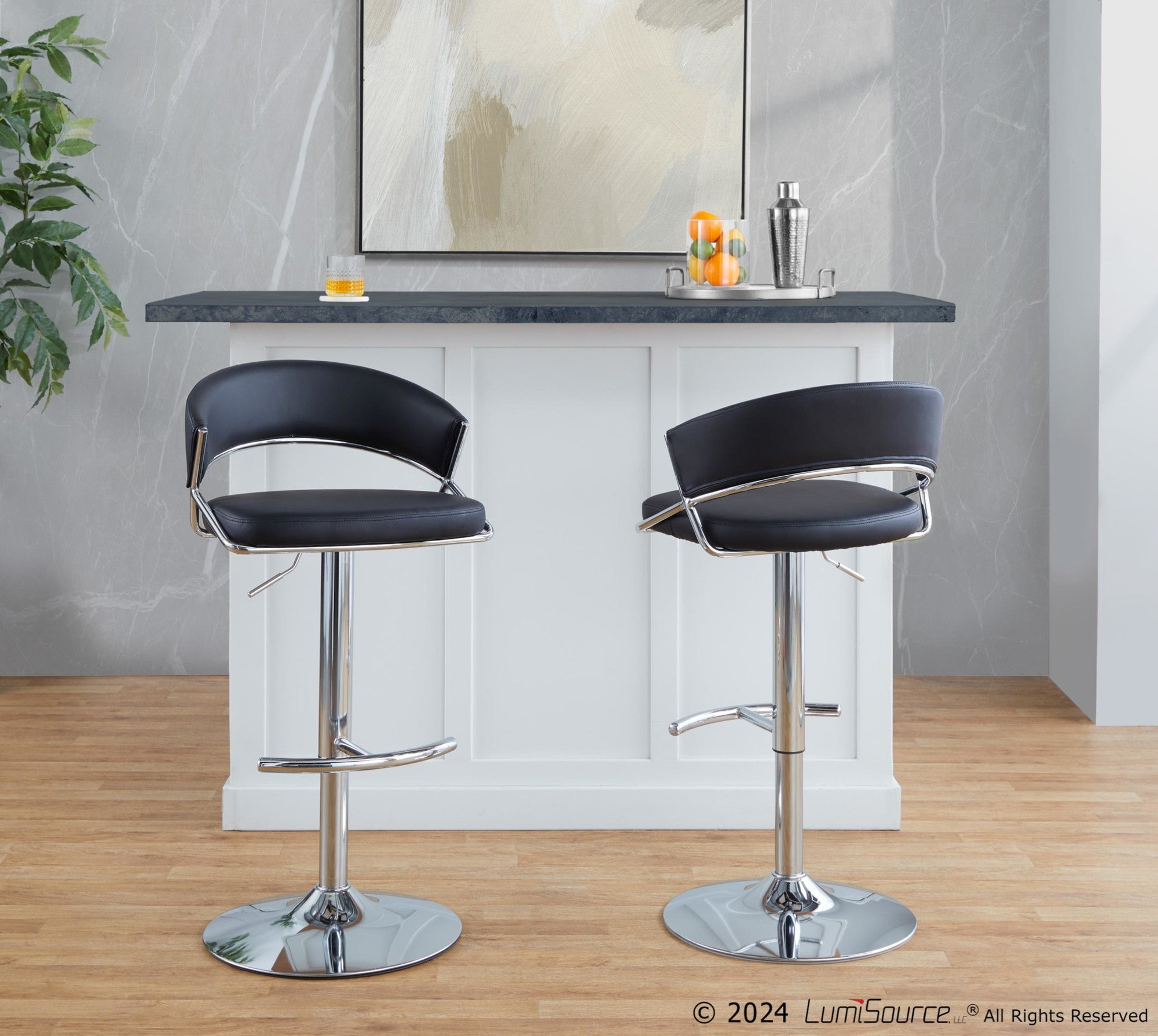 Jie Adjustable Barstool - Set of 2 - Chrome Metal, Black PU