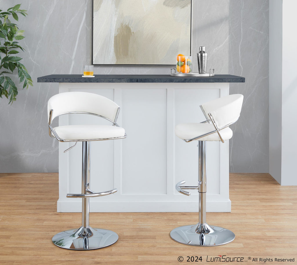 Jie Adjustable Barstool - Set of 2 - Chrome Metal, White PU
