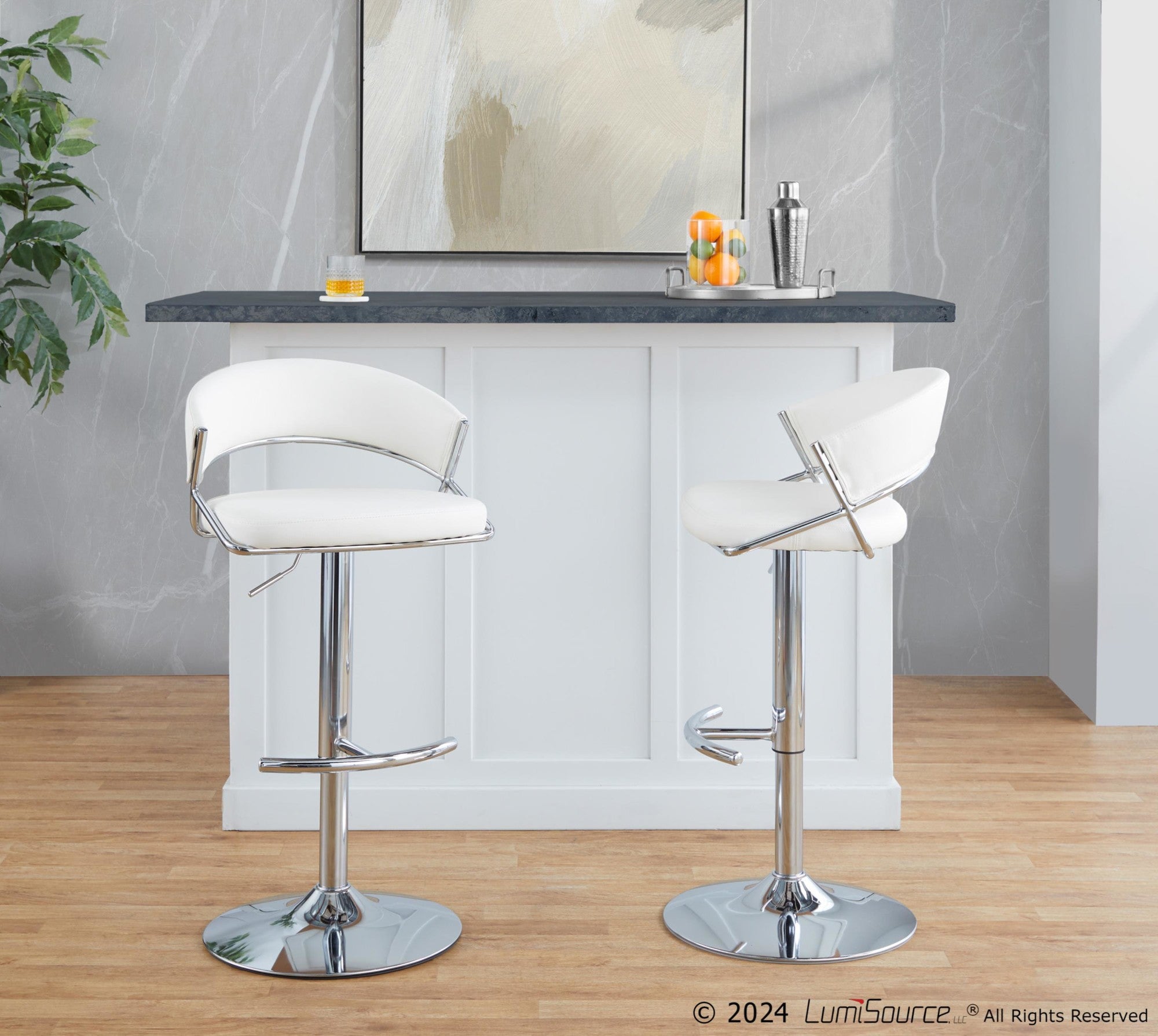Jie Adjustable Barstool - Set of 2 - Chrome Metal, White PU