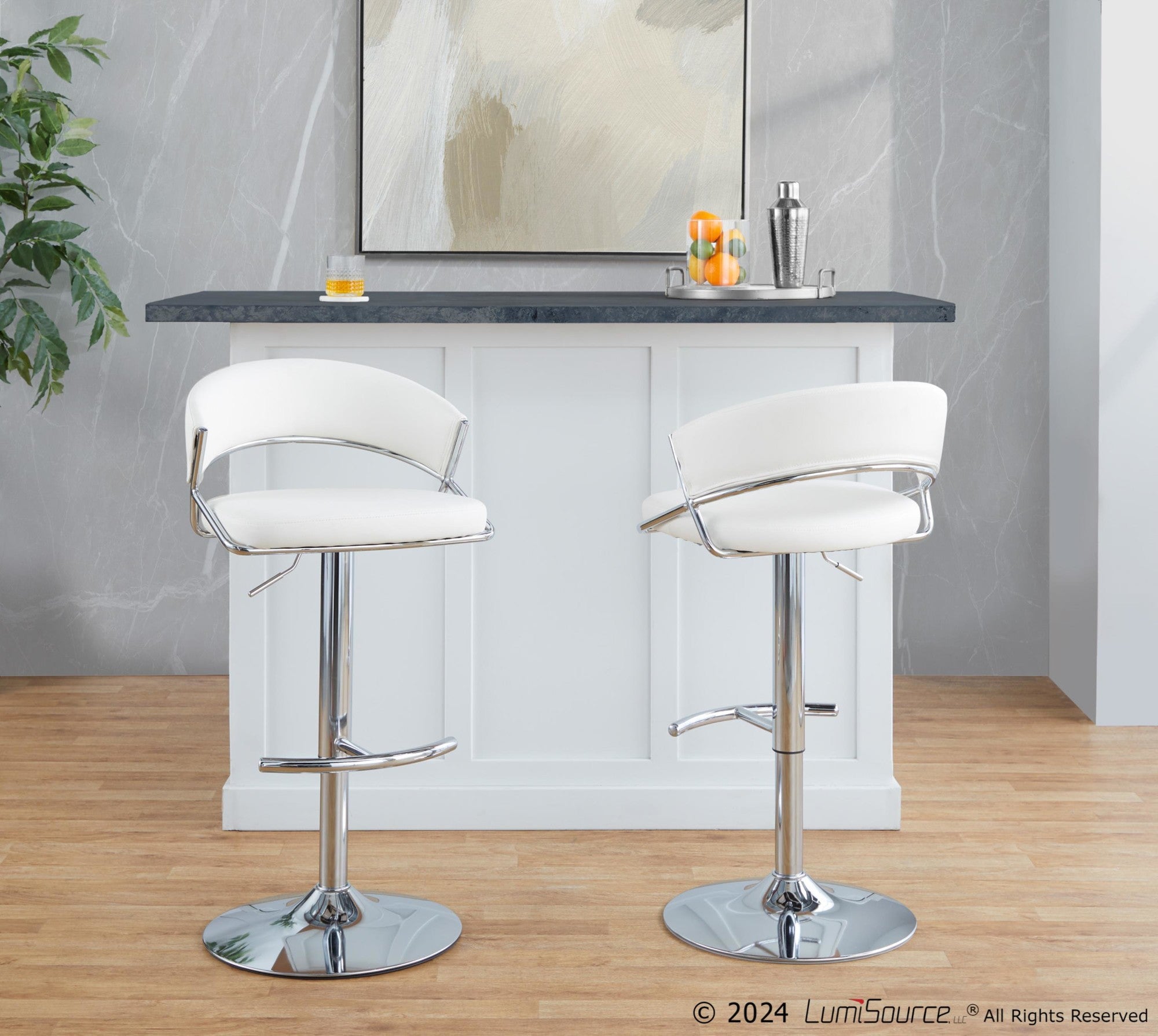 Jie Adjustable Barstool - Set of 2 - Chrome Metal, White PU