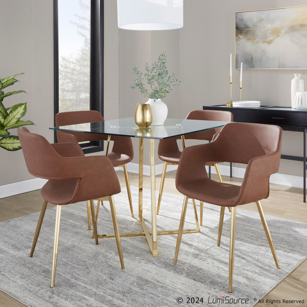 Margarite Dining Chair - Set of 2 - Gold Metal, Brown PU