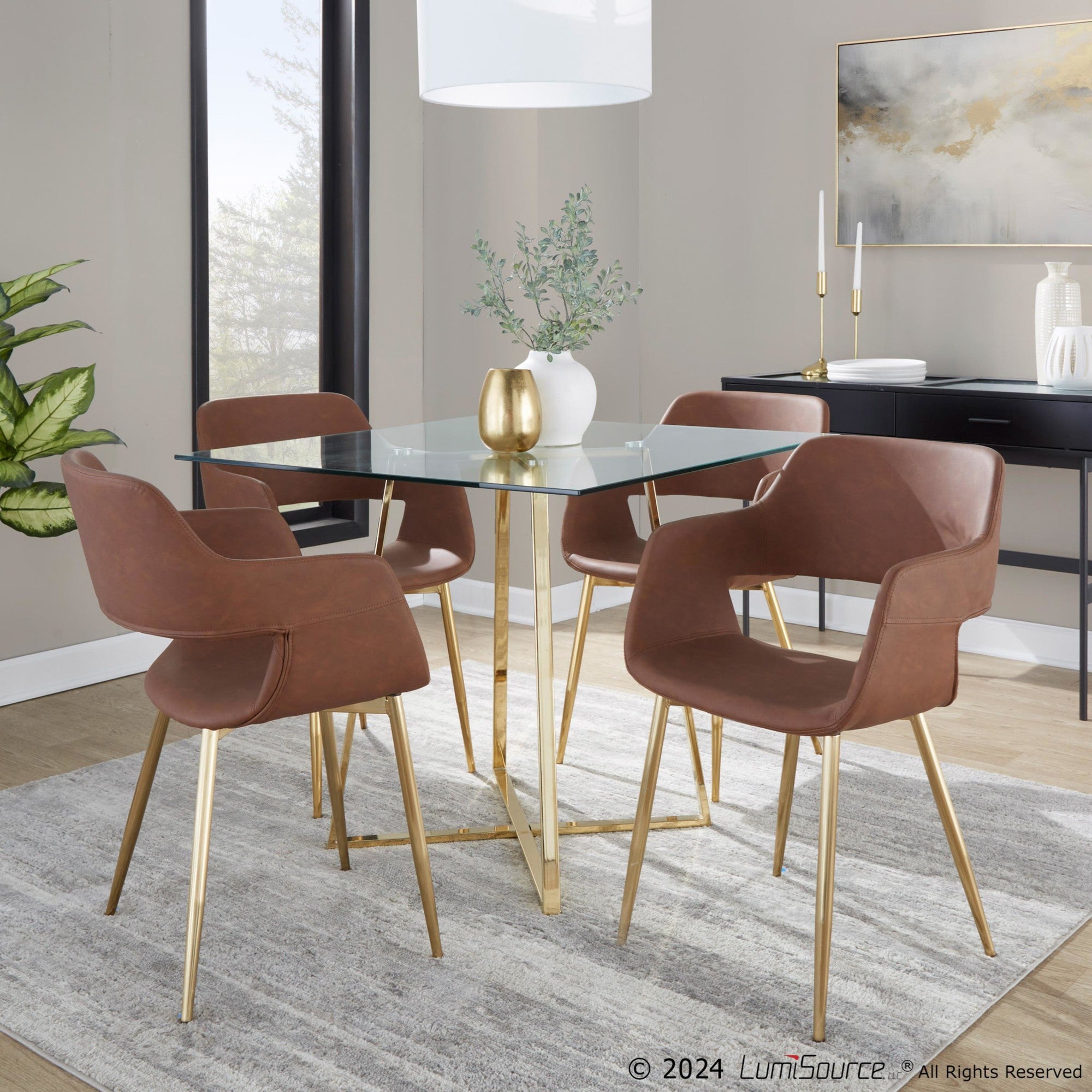 Margarite Dining Chair - Set of 2 - Gold Metal, Brown PU