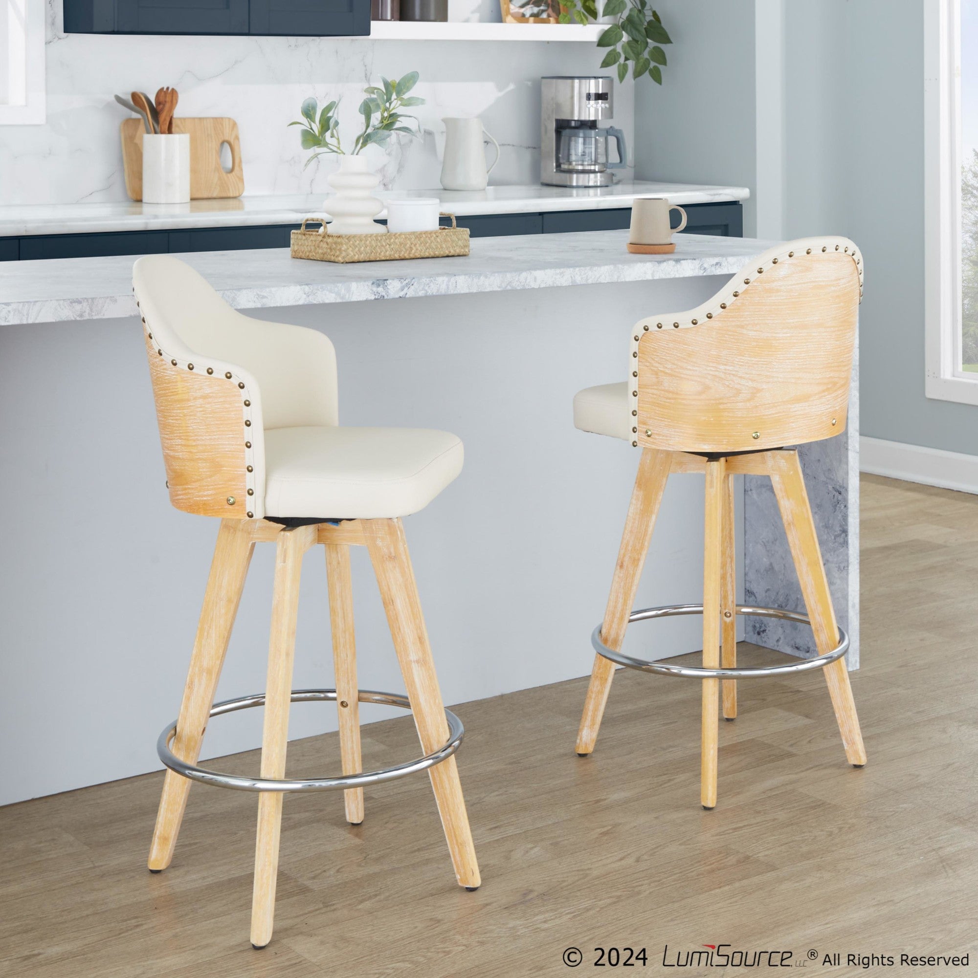 Ahoy 26" Fixed-Height Counter Stool - Set of 2 - Natural Bamboo, Cream PU, Chrome
