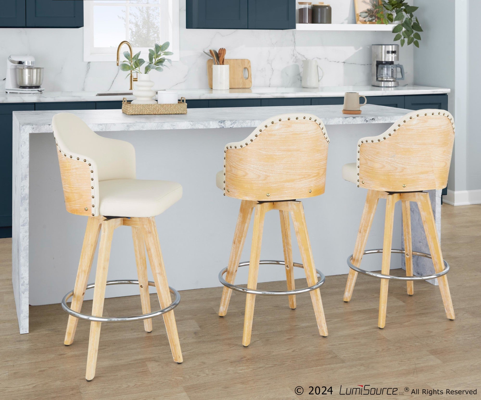 Ahoy 26" Fixed-Height Counter Stool - Set of 2 - Natural Bamboo, Cream PU, Chrome