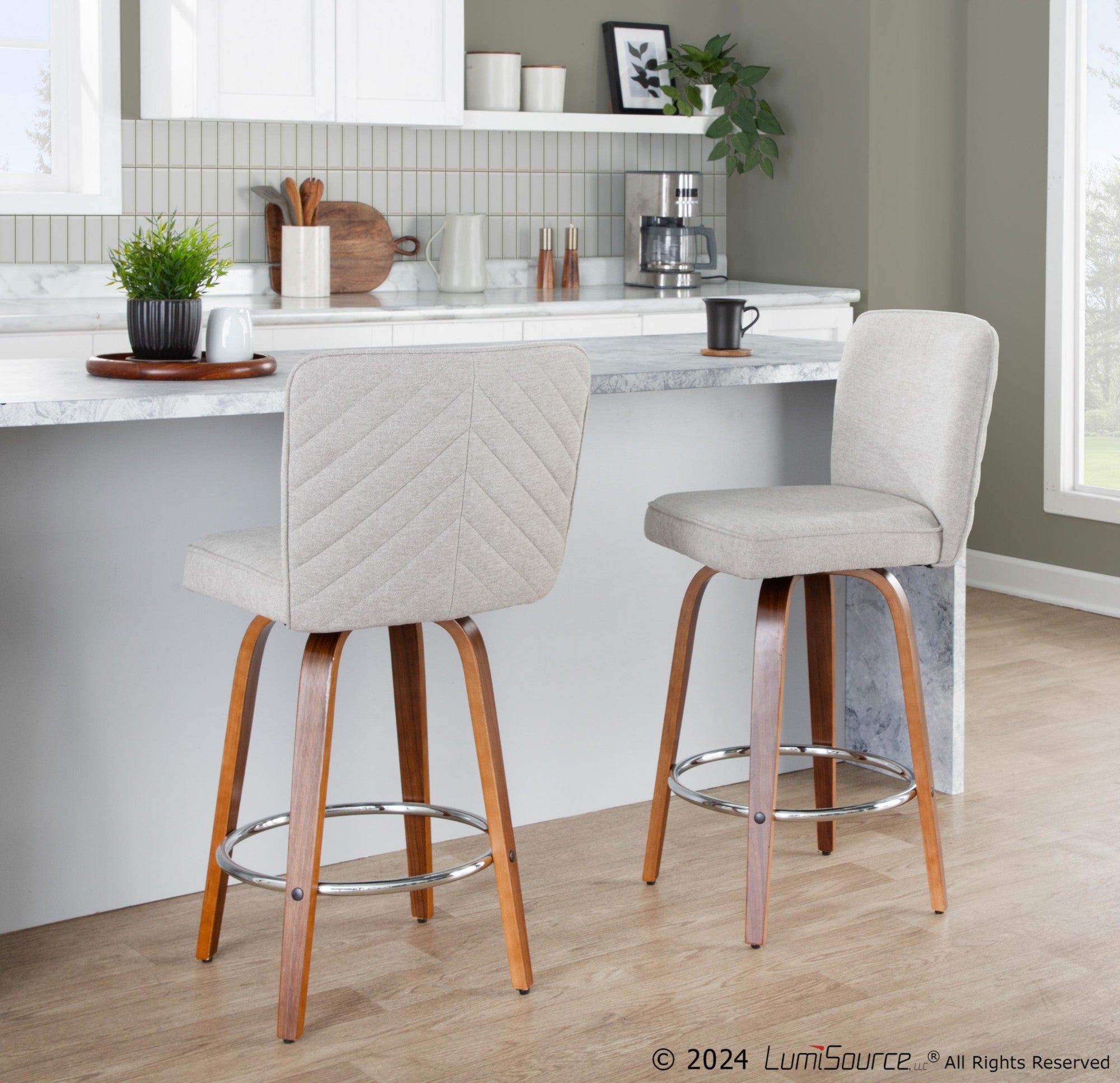 Henry 26" Fixed-Height Counter Stool - Set of 2 - Walnut Wood, Beige Fabric, Chrome Metal