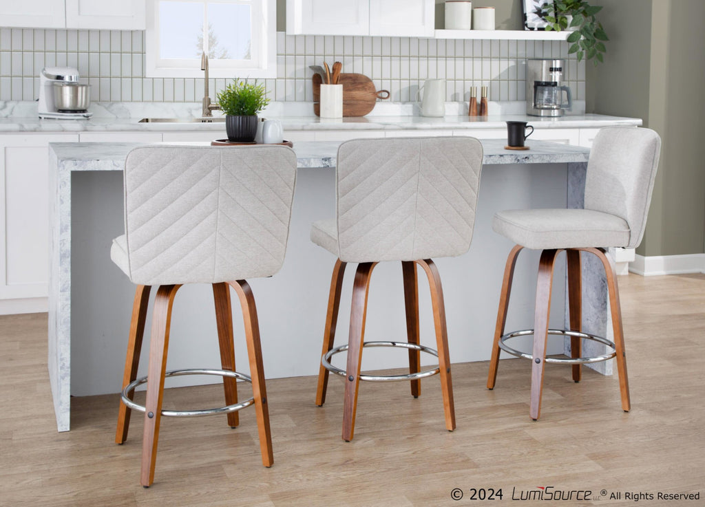Henry 26" Fixed-Height Counter Stool - Set of 2 - Walnut Wood, Beige Fabric, Chrome Metal