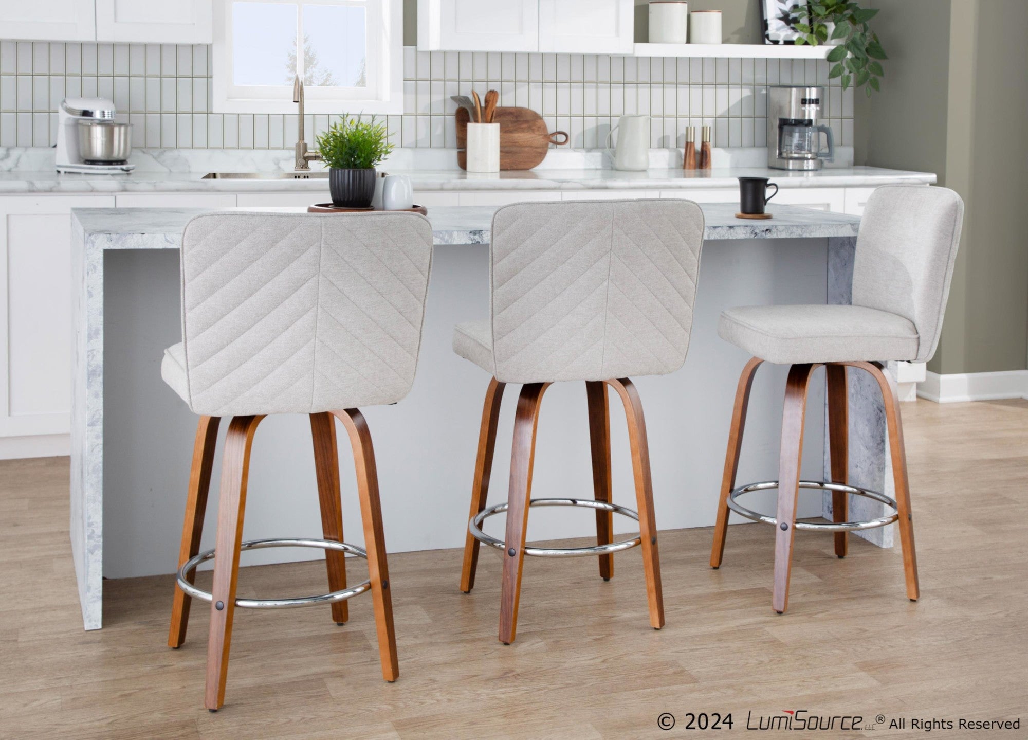 Henry 26" Fixed-Height Counter Stool - Set of 2 - Walnut Wood, Beige Fabric, Chrome Metal