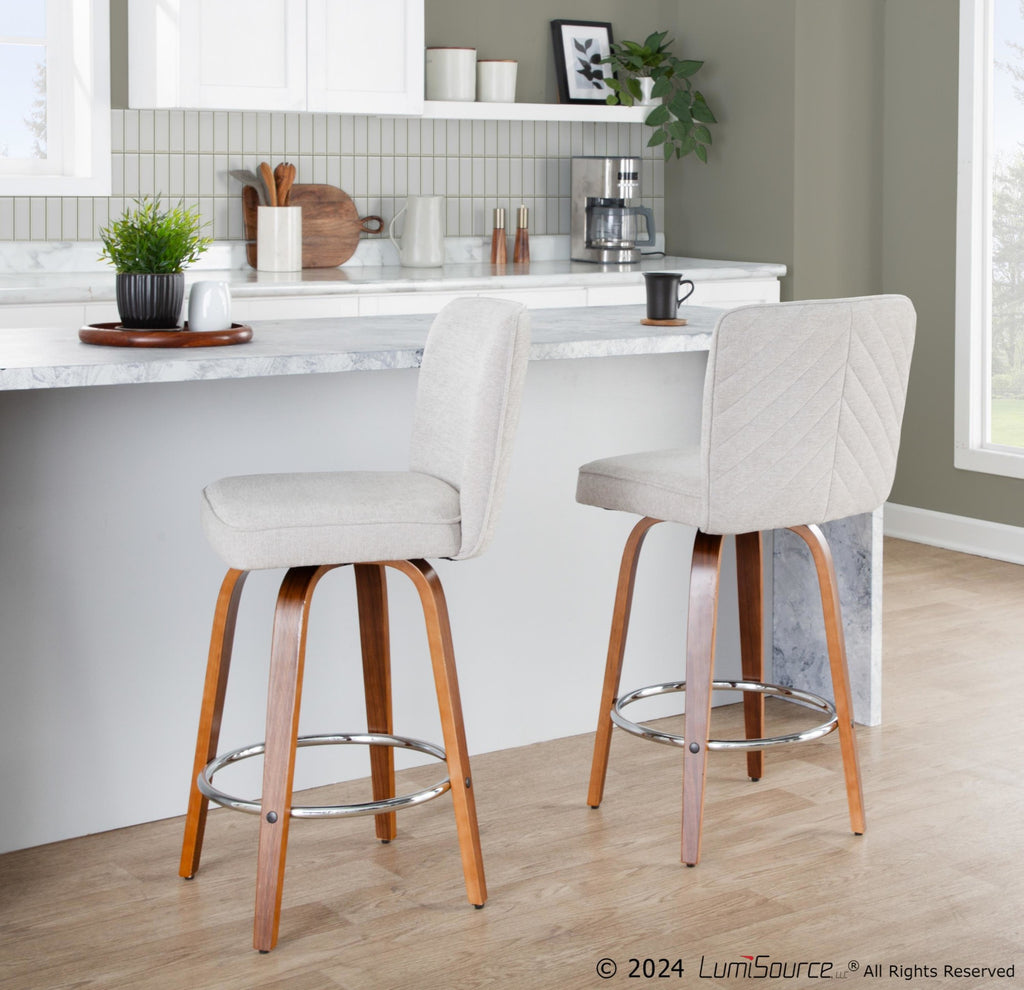 Henry 26" Fixed-Height Counter Stool - Set of 2 - Walnut Wood, Beige Fabric, Chrome Metal