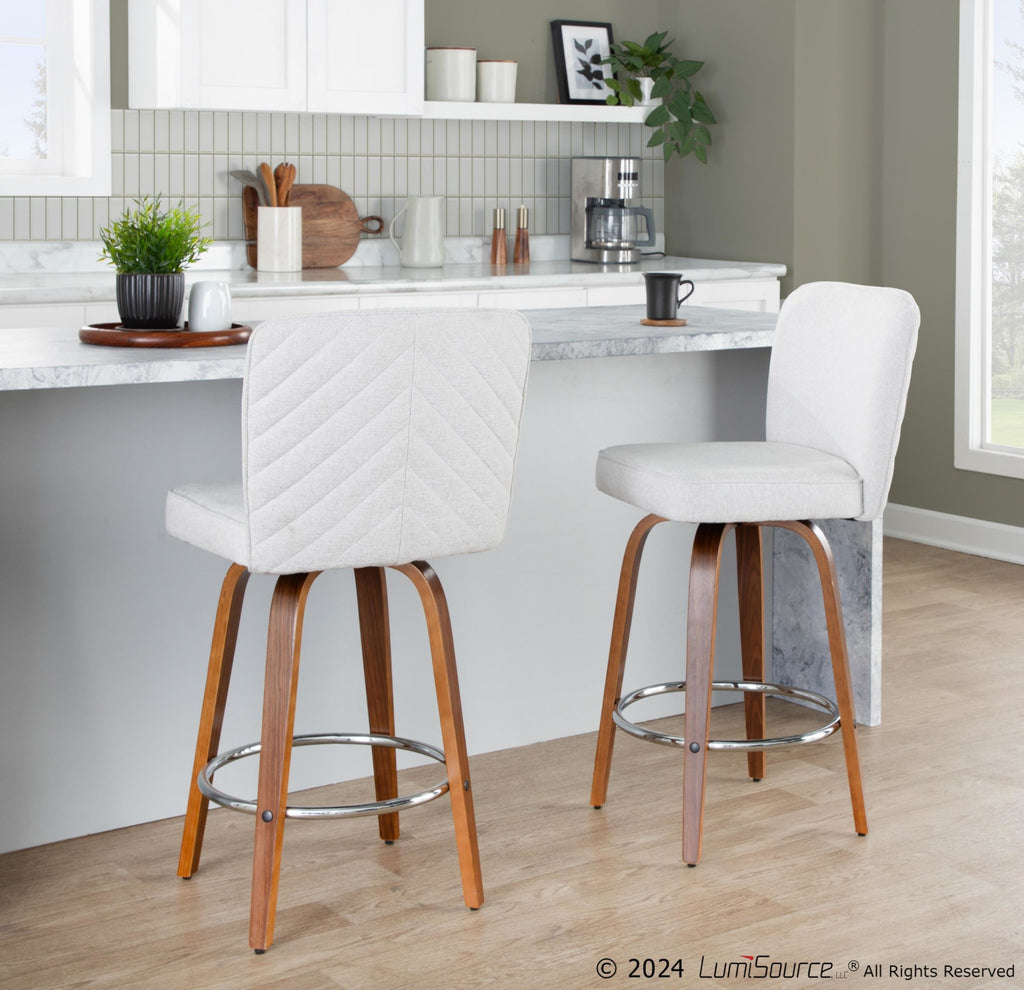 Henry 26" Fixed-Height Counter Stool - Set of 2 - Walnut Wood, White Fabric, Chrome Metal