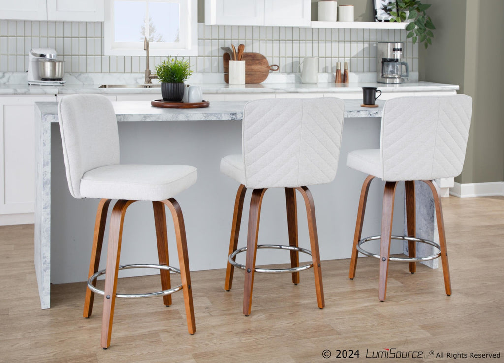 Henry 26" Fixed-Height Counter Stool - Set of 2 - Walnut Wood, White Fabric, Chrome Metal
