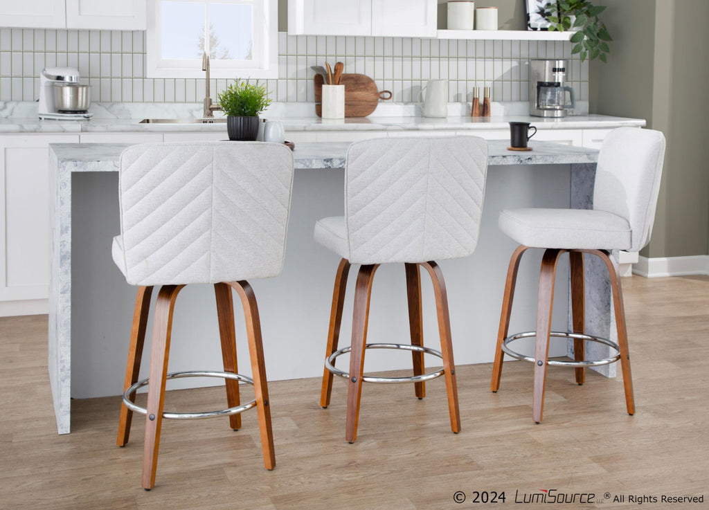 Henry 26" Fixed-Height Counter Stool - Set of 2 - Walnut Wood, White Fabric, Chrome Metal