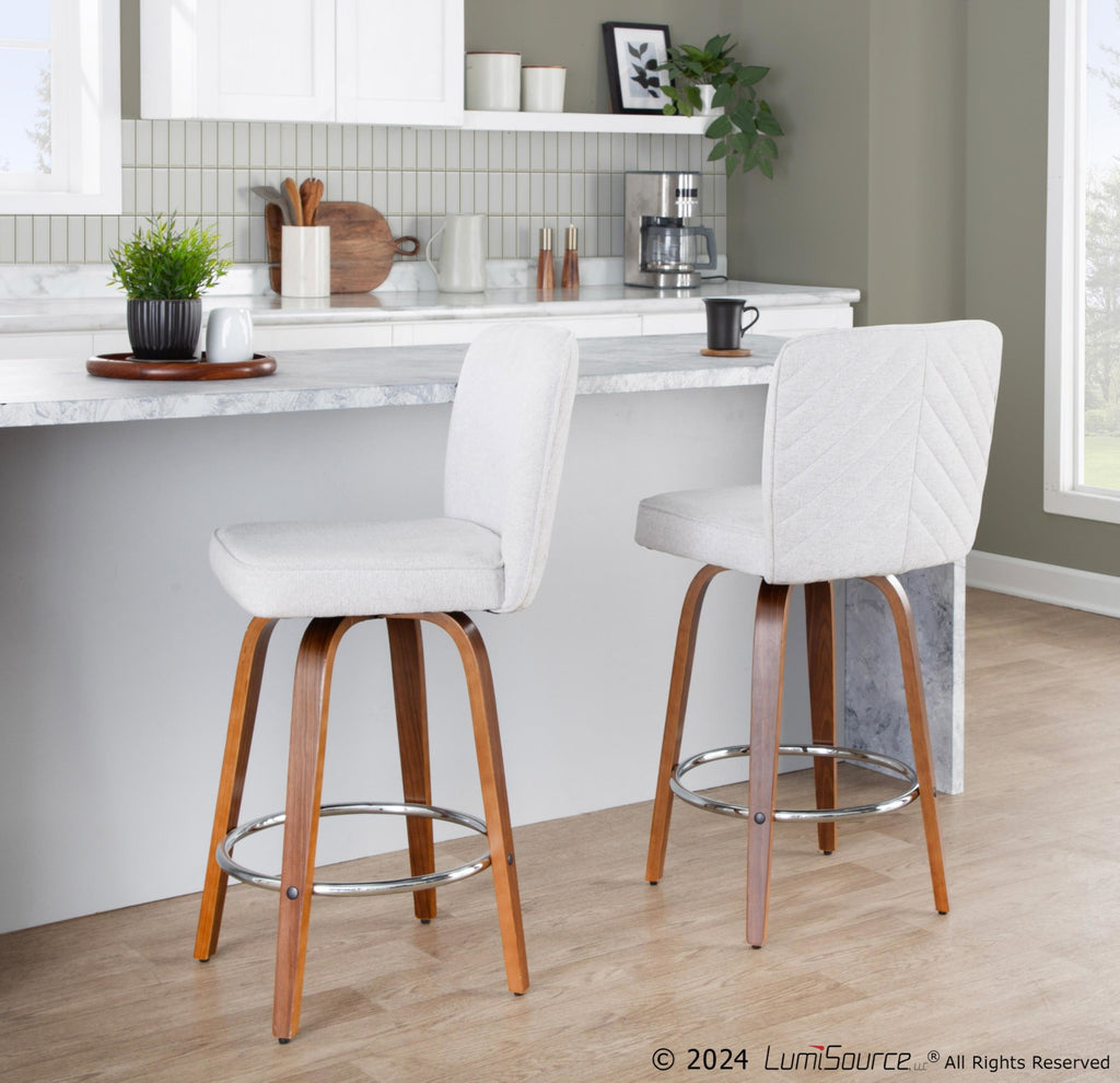 Henry 26" Fixed-Height Counter Stool - Set of 2 - Walnut Wood, White Fabric, Chrome Metal