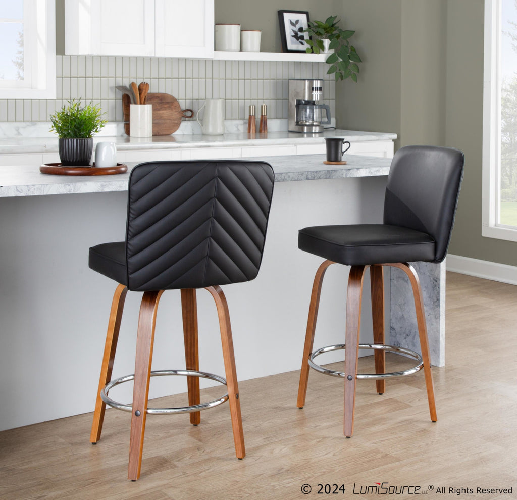 Henry 26" Fixed-Height Counter Stool - Set of 2 - Walnut Wood, Black PU, Chrome Metal