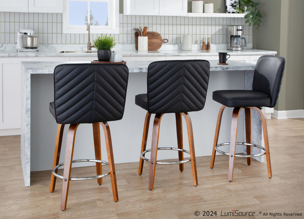 Henry 26" Fixed-Height Counter Stool - Set of 2 - Walnut Wood, Black PU, Chrome Metal