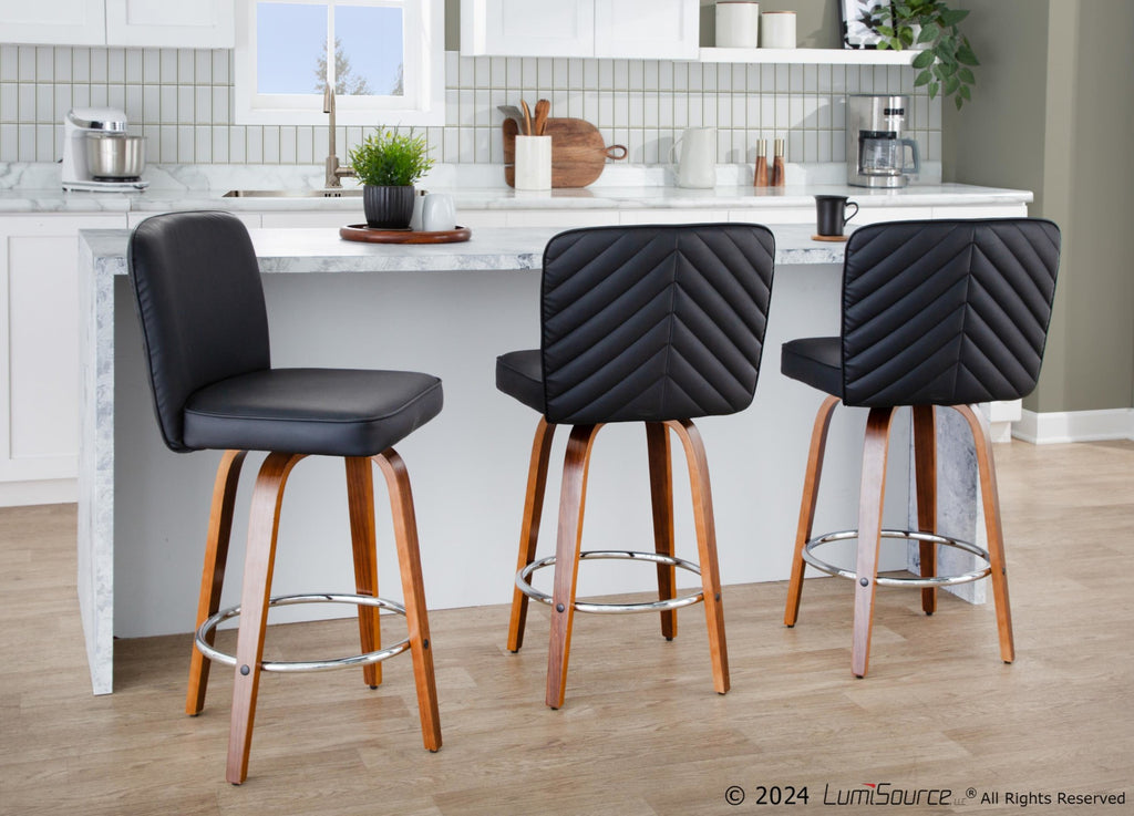 Henry 26" Fixed-Height Counter Stool - Set of 2 - Walnut Wood, Black PU, Chrome Metal