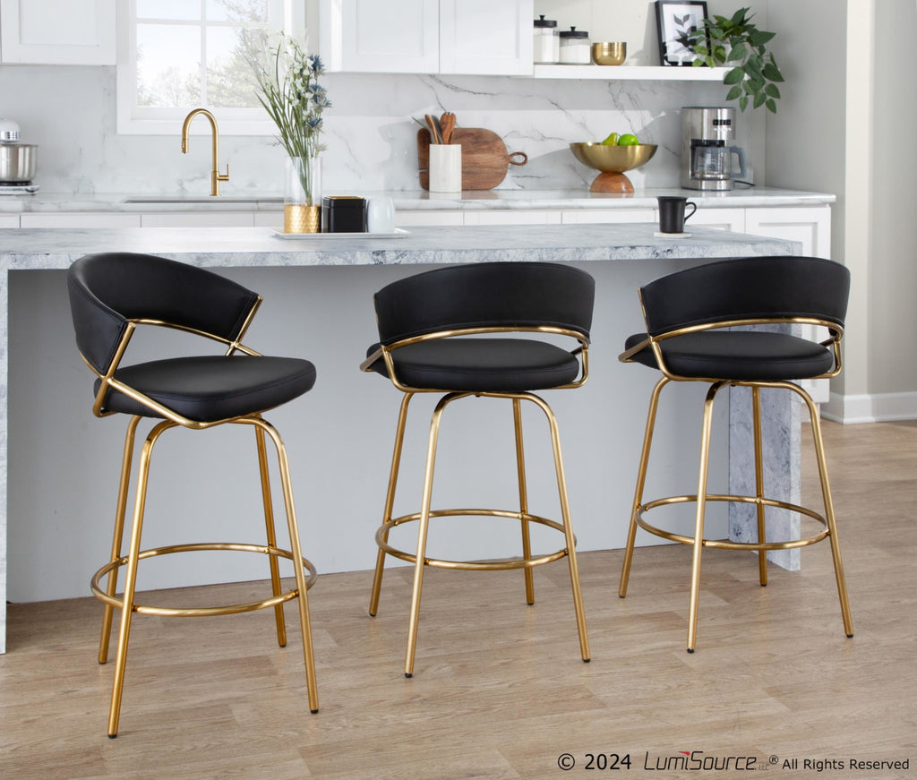 Jie Fixed-Height Counter Stool - Set of 2 - Gold Metal, Black PU