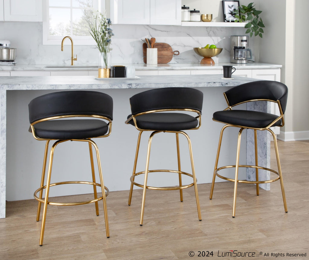 Jie Fixed-Height Counter Stool - Set of 2 - Gold Metal, Black PU