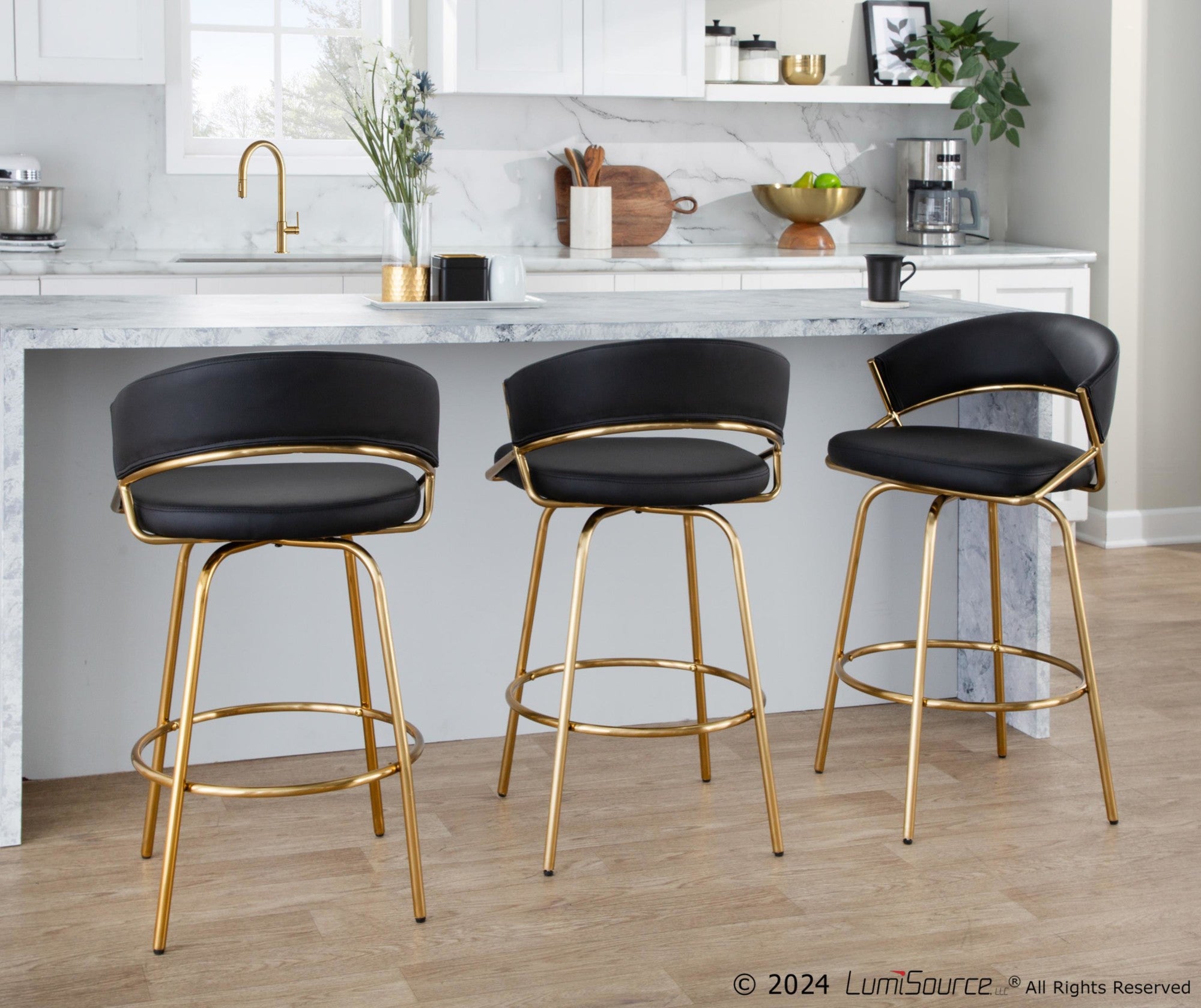 Jie Fixed-Height Counter Stool - Set of 2 - Gold Metal, Black PU