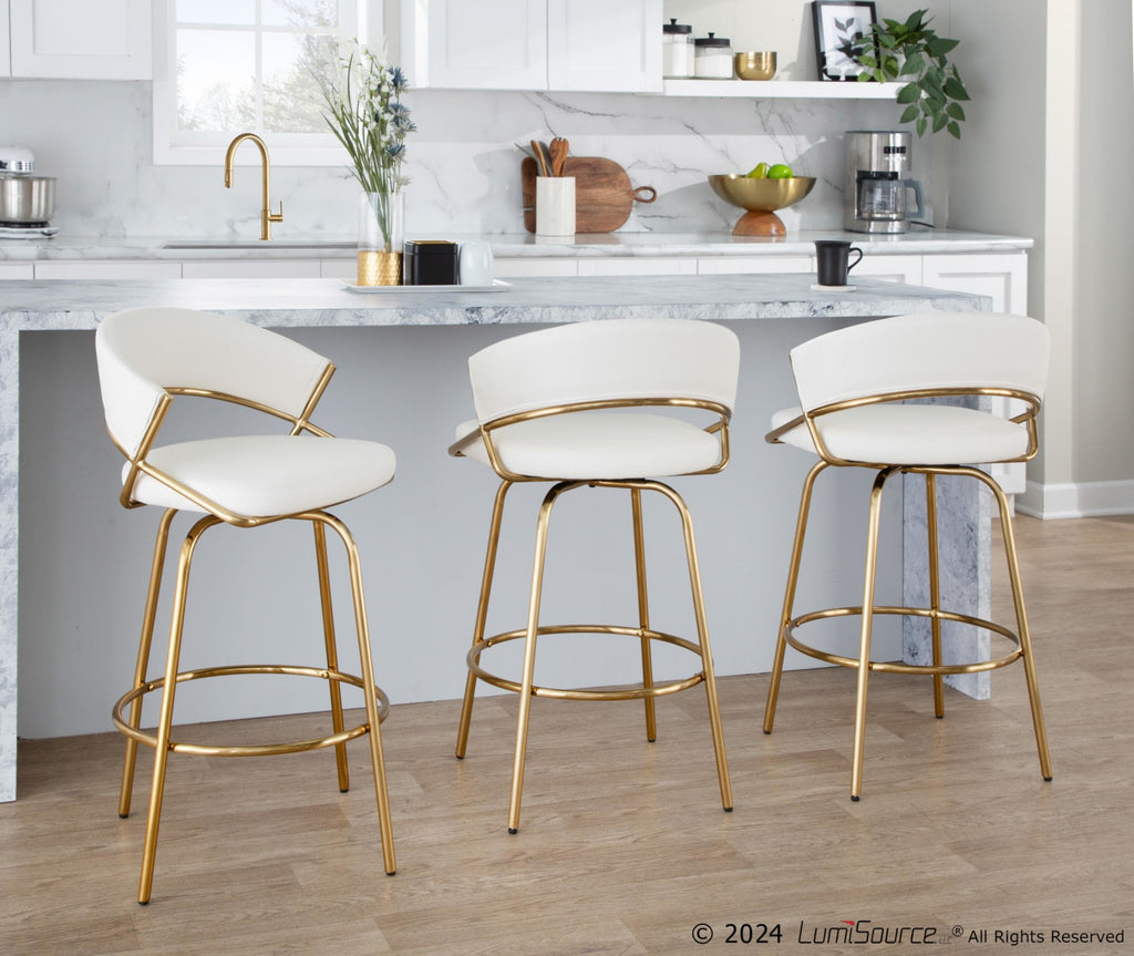 Jie Fixed-Height Counter Stool - Set of 2 - Gold Metal, White PU