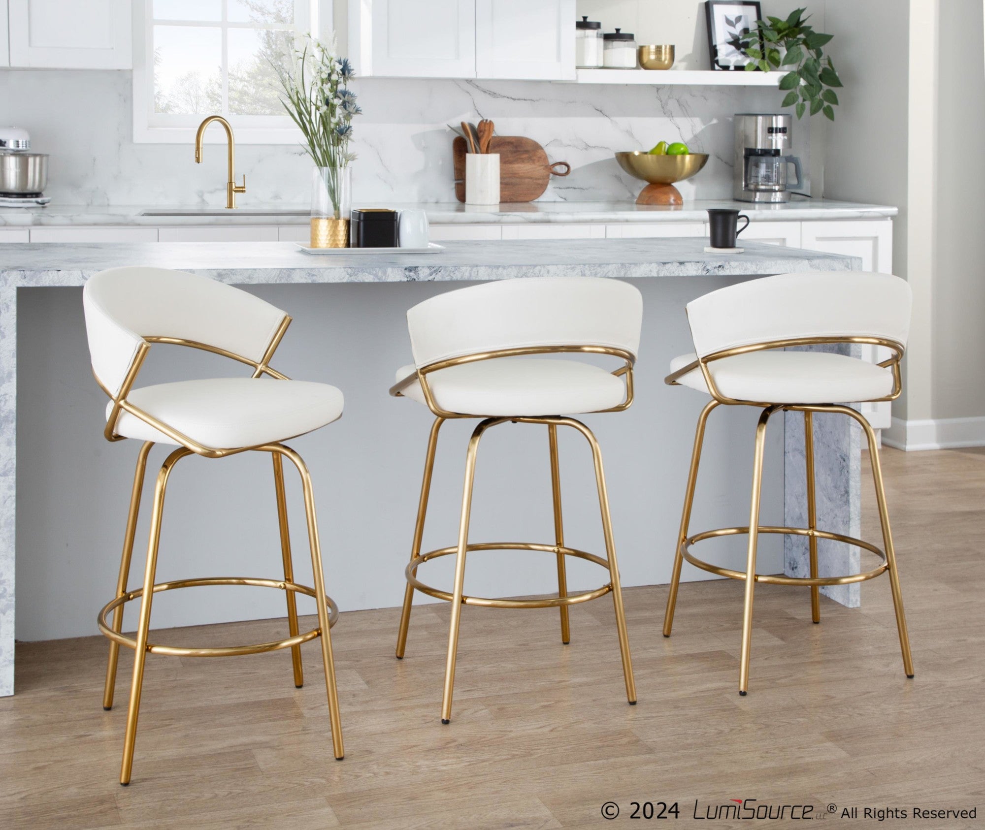 Jie Fixed-Height Counter Stool - Set of 2 - Gold Metal, White PU