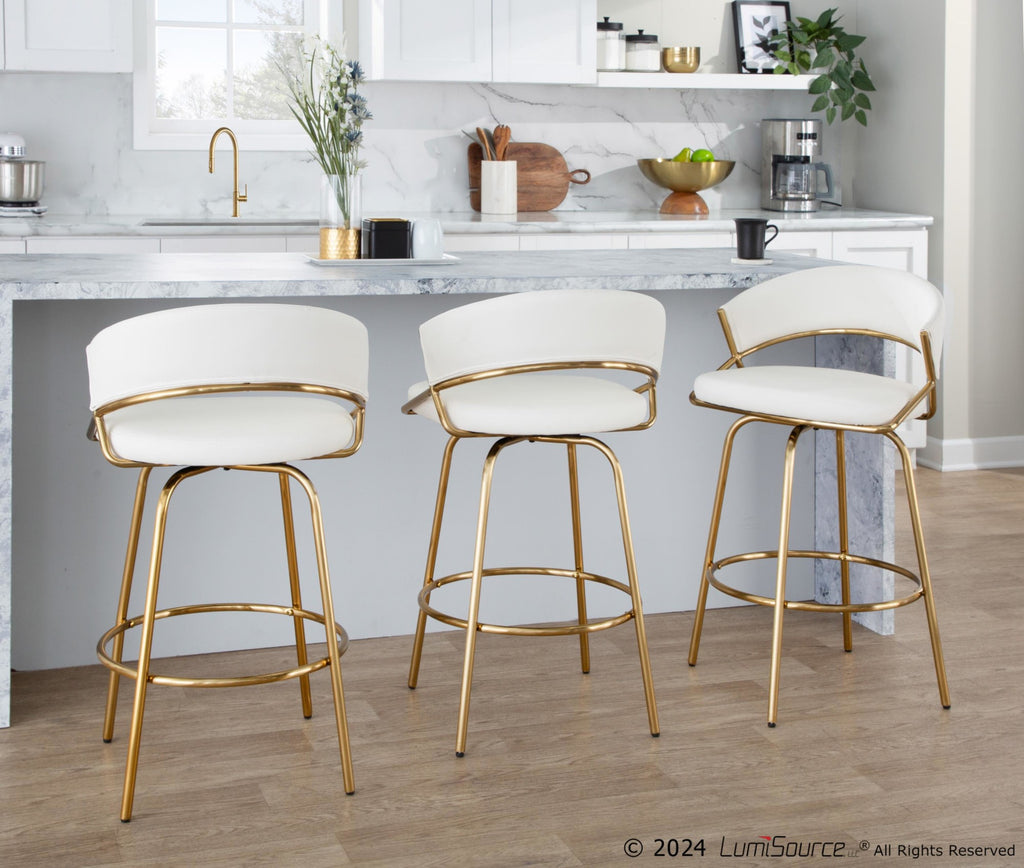Jie Fixed-Height Counter Stool - Set of 2 - Gold Metal, White PU