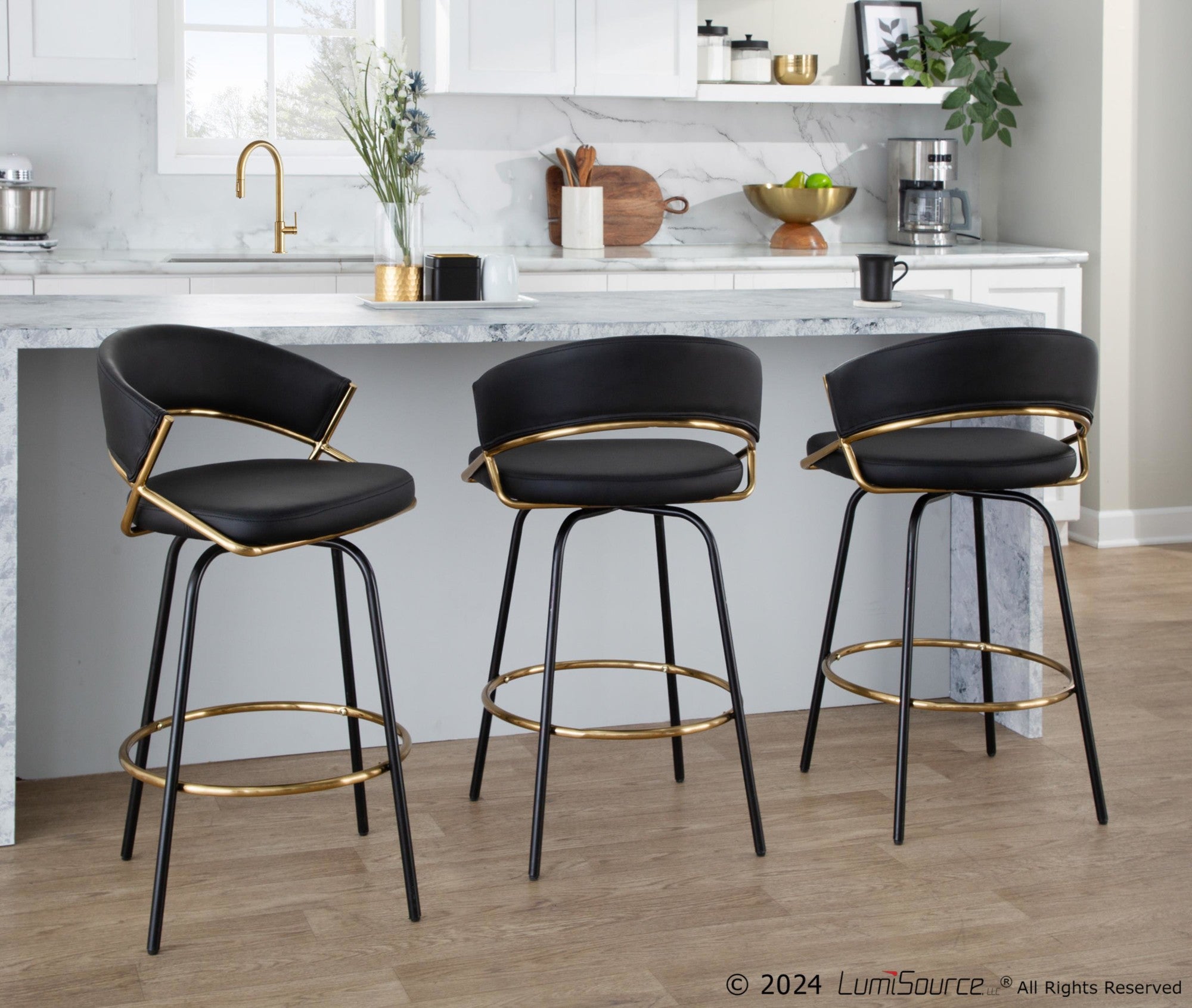 Jie 26" Fixed-Height Counter Stool - Set of 2 - Black Metal, Gold Metal, Black PU