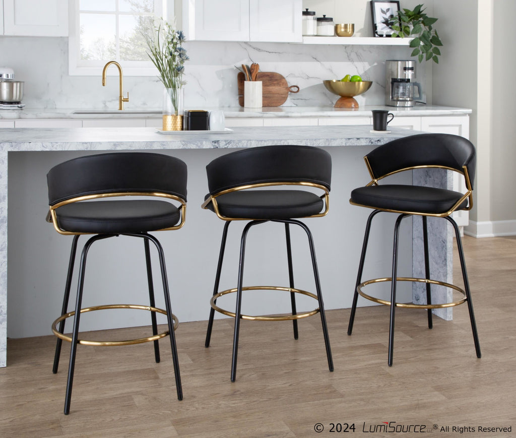 Jie 26" Fixed-Height Counter Stool - Set of 2 - Black Metal, Gold Metal, Black PU