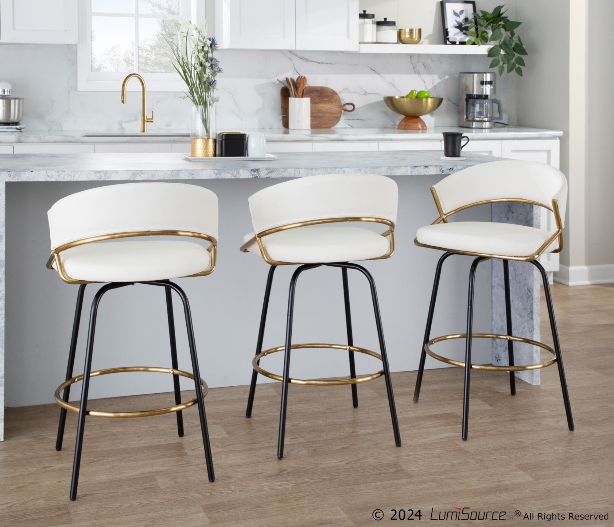 Jie 26" Fixed-Height Counter Stool - Set of 2 - Black Metal, Gold Metal, White PU