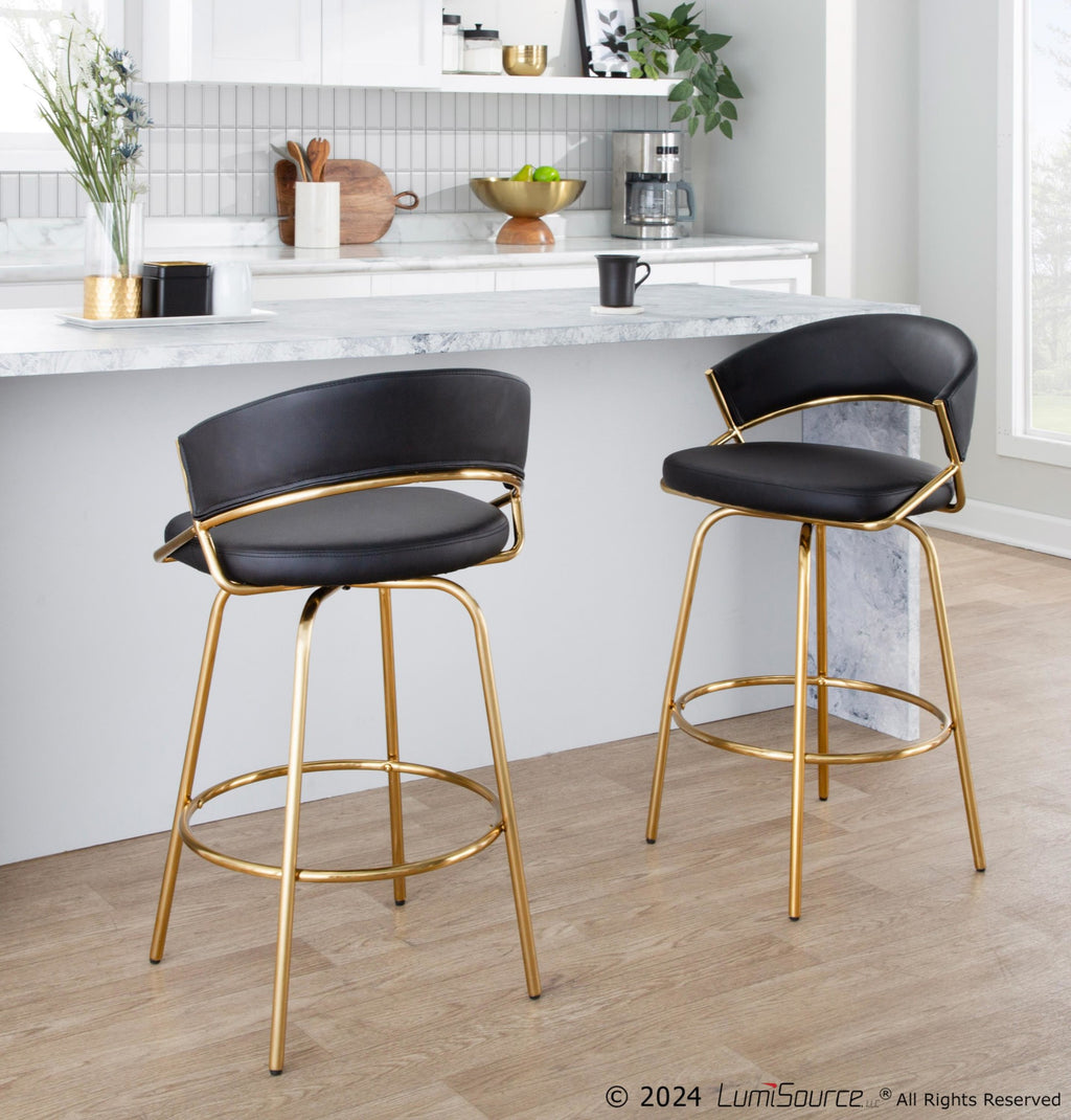 Jie Fixed-Height Counter Stool - Set of 2 - Gold Metal, Black PU