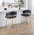 Jie Fixed-Height Counter Stool - Set of 2 - Gold Metal, Black PU