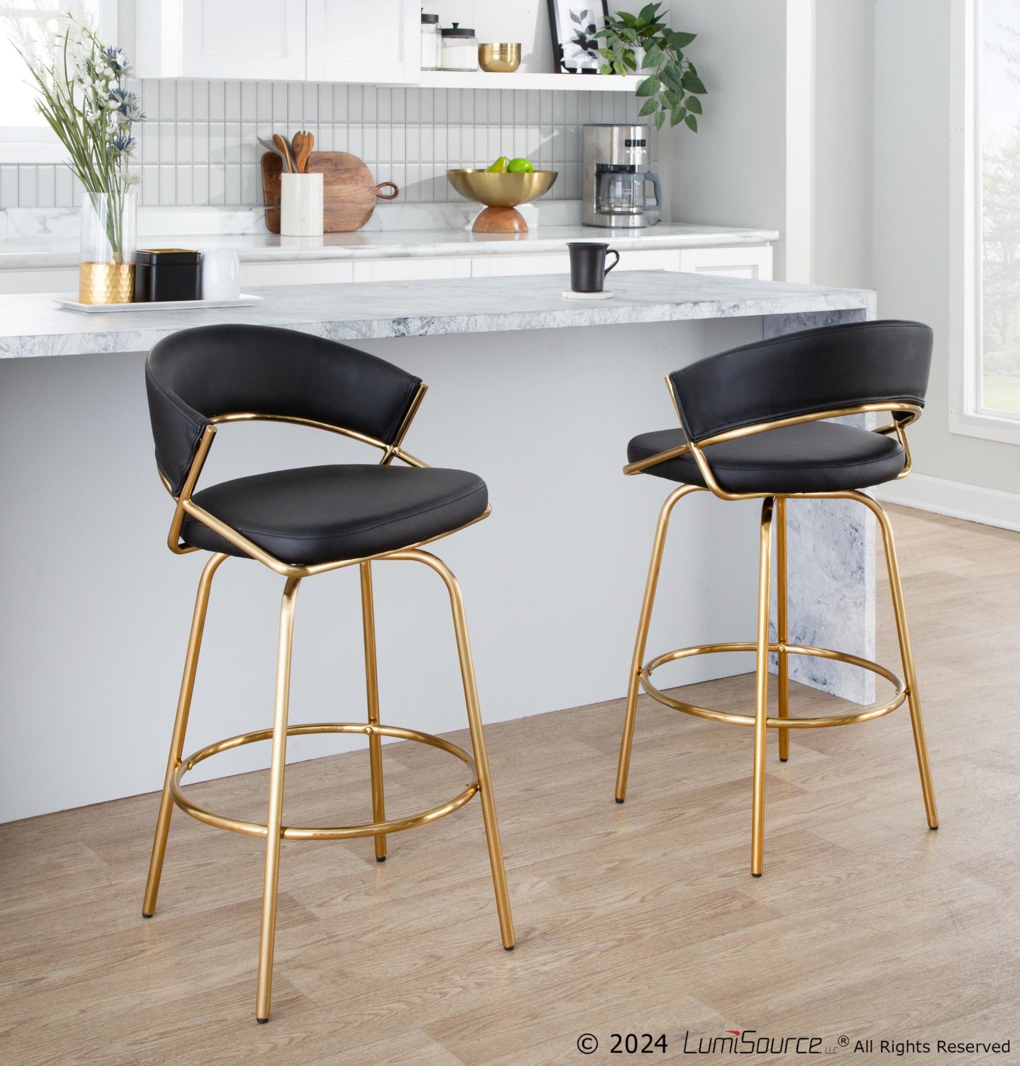 Jie Fixed-Height Counter Stool - Set of 2 - Gold Metal, Black PU