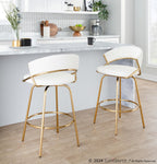 Jie Fixed-Height Counter Stool - Set of 2 - Gold Metal, White PU