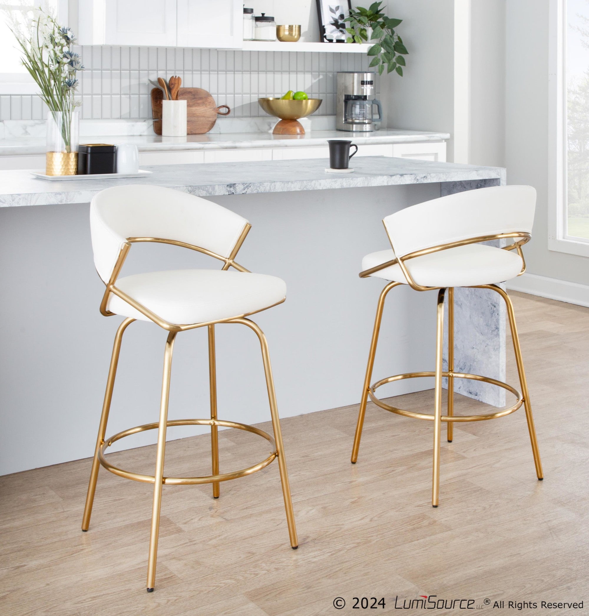Jie Fixed-Height Counter Stool - Set of 2 - Gold Metal, White PU