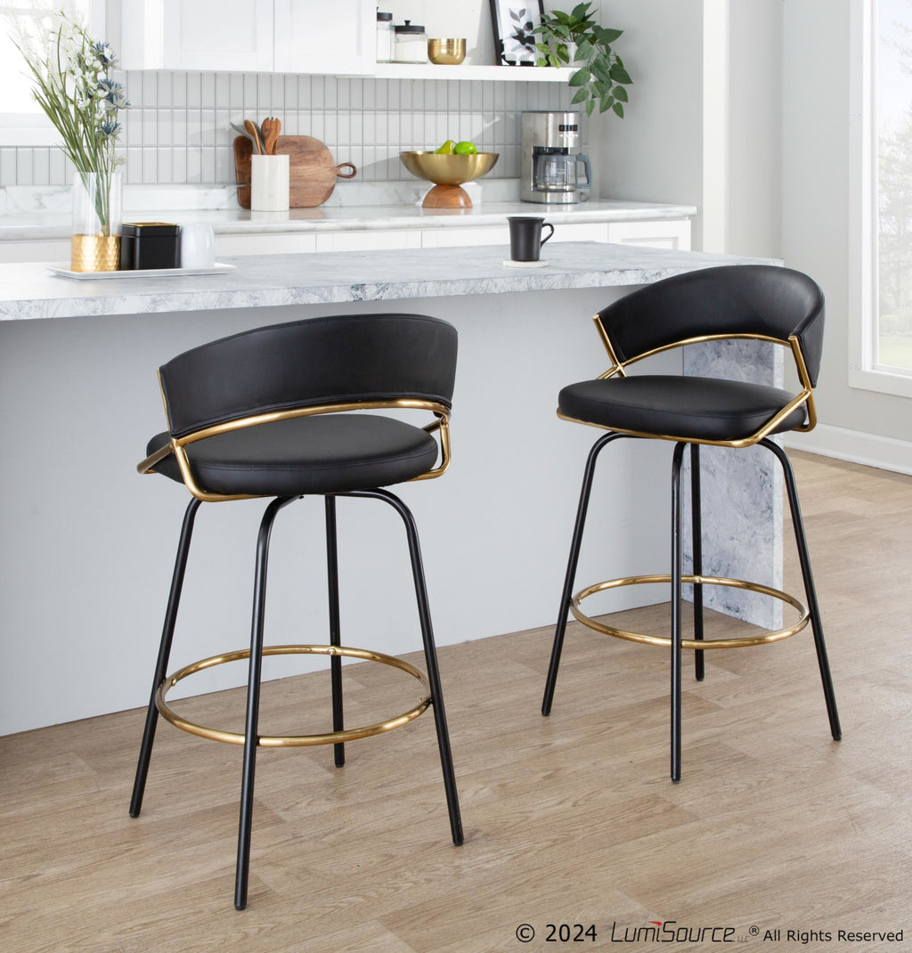 Jie 26" Fixed-Height Counter Stool - Set of 2 - Black Metal, Gold Metal, Black PU