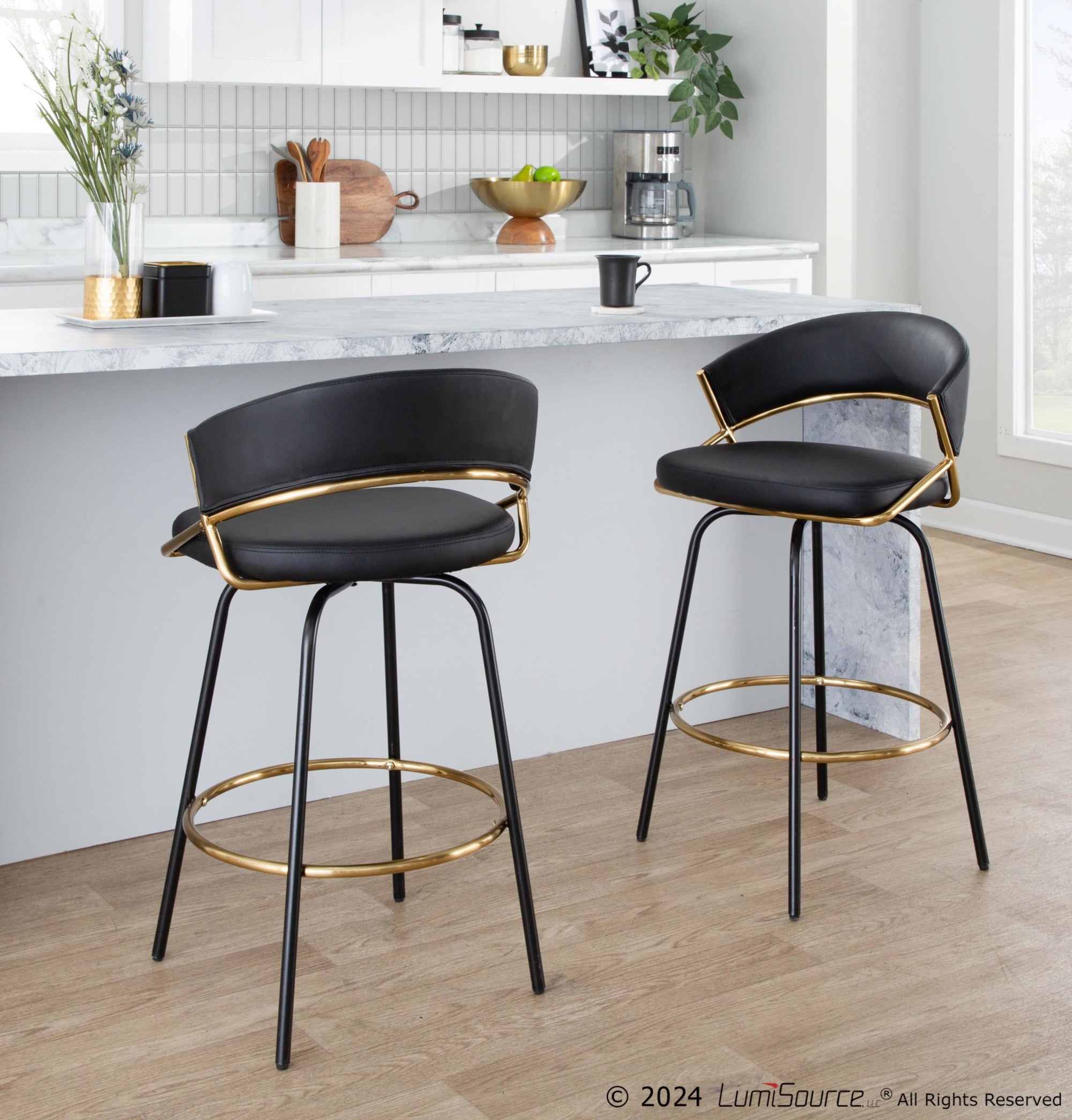 Jie 26" Fixed-Height Counter Stool - Set of 2 - Black Metal, Gold Metal, Black PU