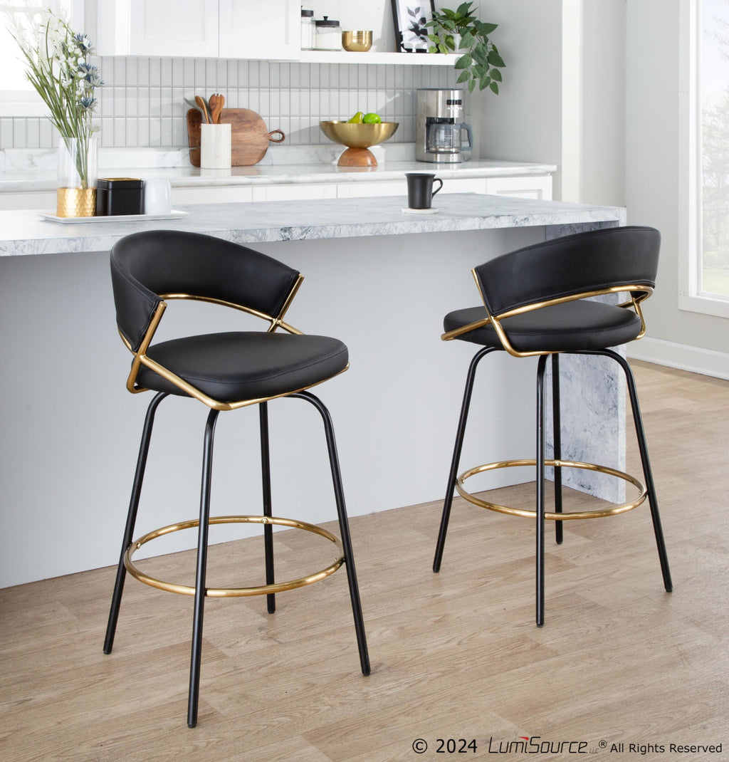 Jie 26" Fixed-Height Counter Stool - Set of 2 - Black Metal, Gold Metal, Black PU